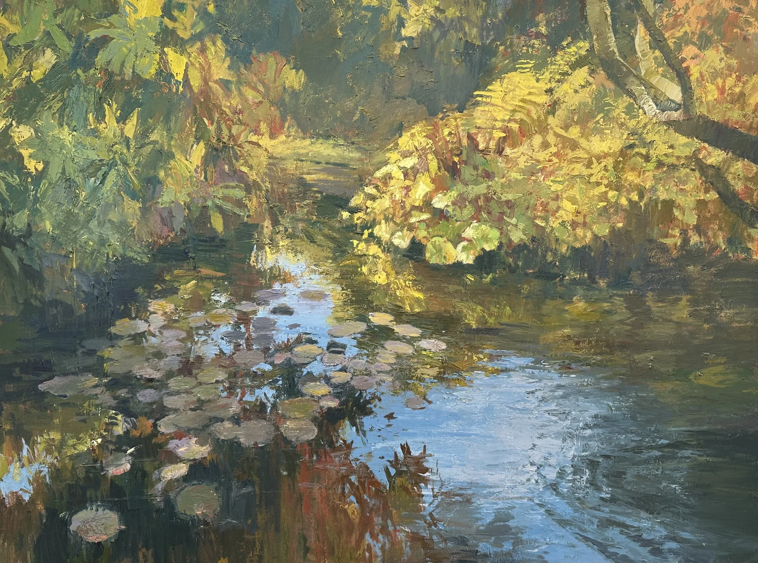 An impressionist painting of a peaceful river scene surrounded by lush green and yellow foliage. Water lilies float on the surface of the calm river, reflecting the sky and trees.