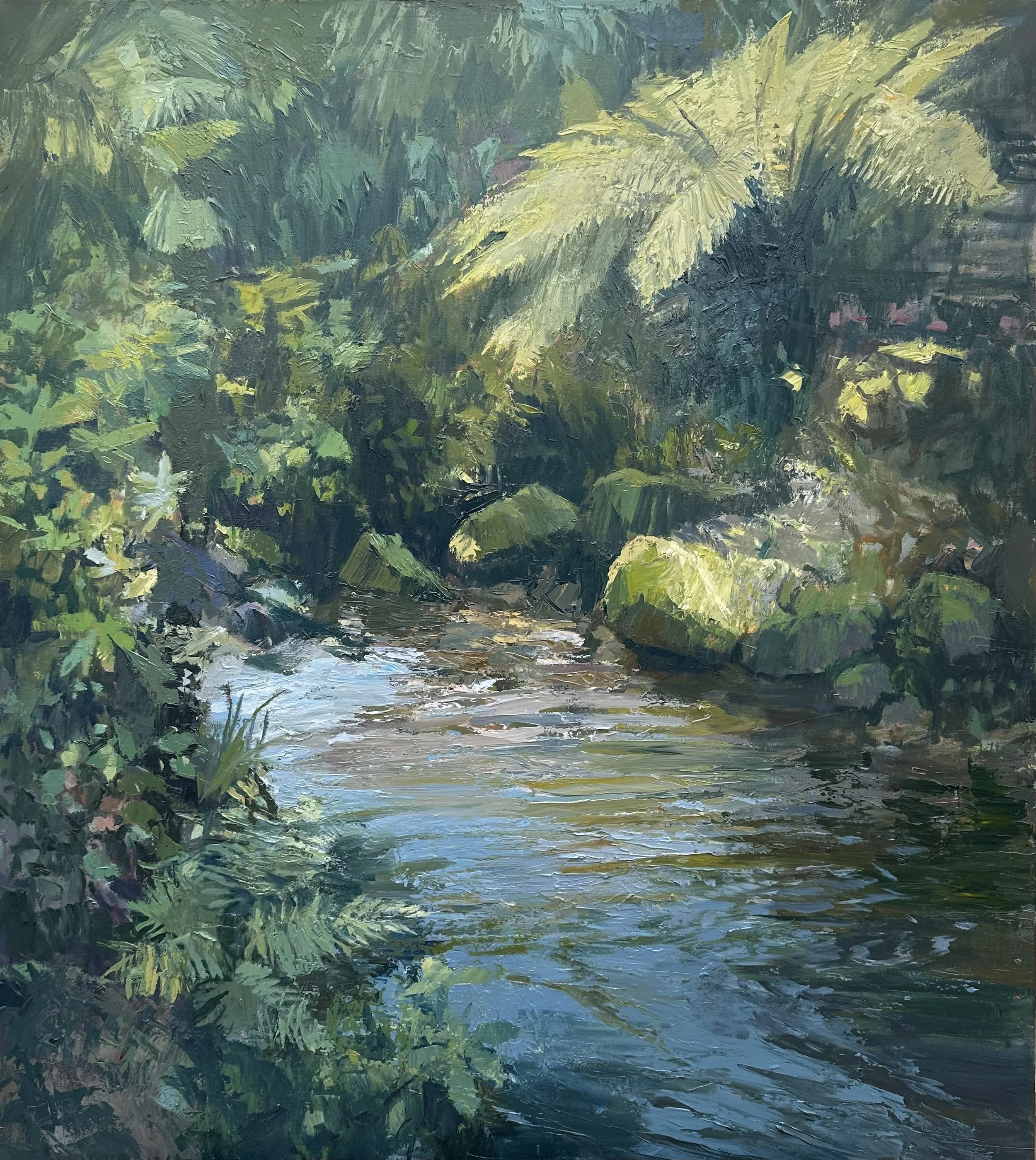 An impressionist style painting of a lush green river landscape with dense foliage on either side, a flowing stream, and bright light filtering through the trees.