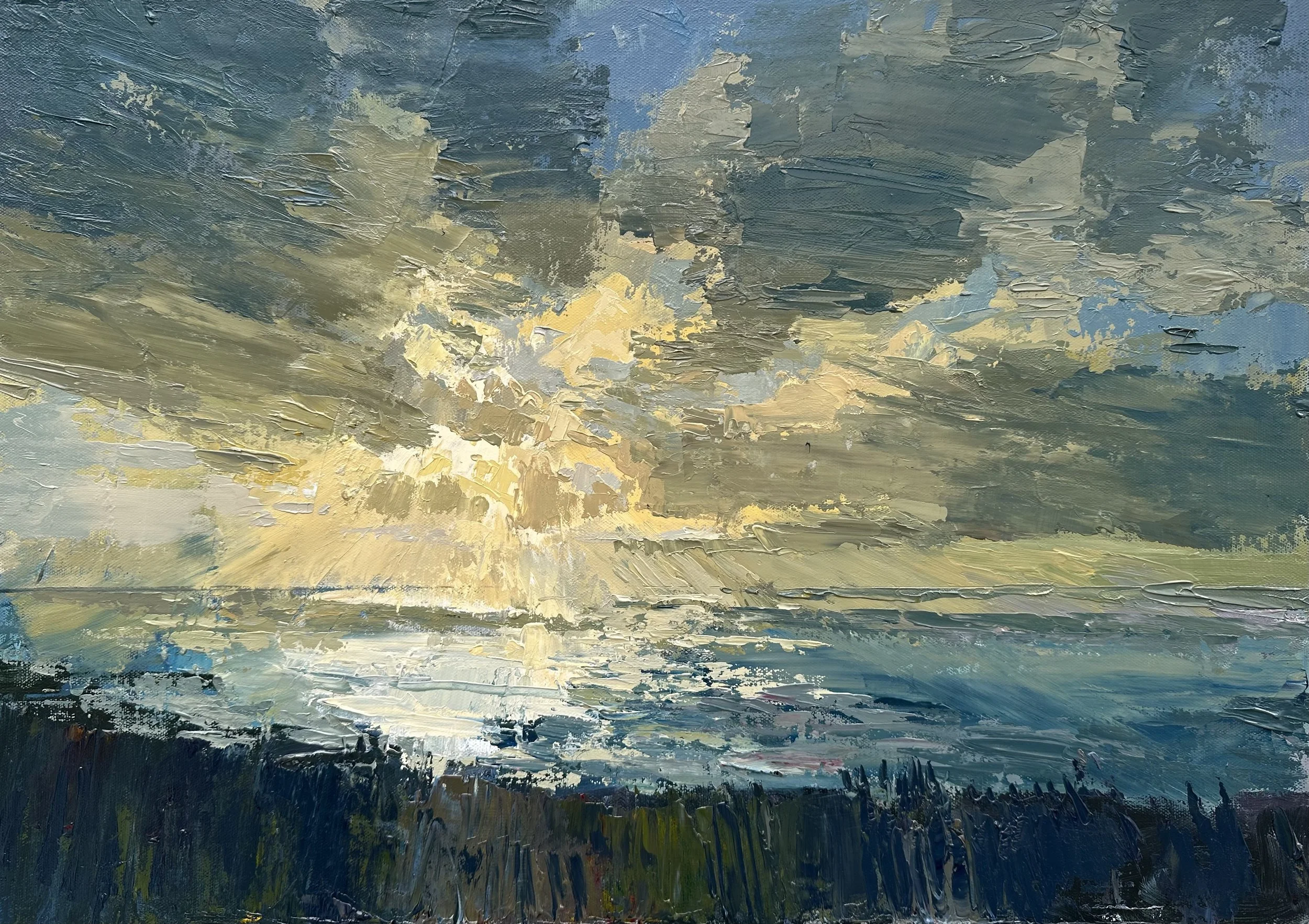 An abstract oil painting of a seascape at sunset or sunrise, with a sky filled with dark and light clouds, and a calm ocean reflecting the sky's colors.