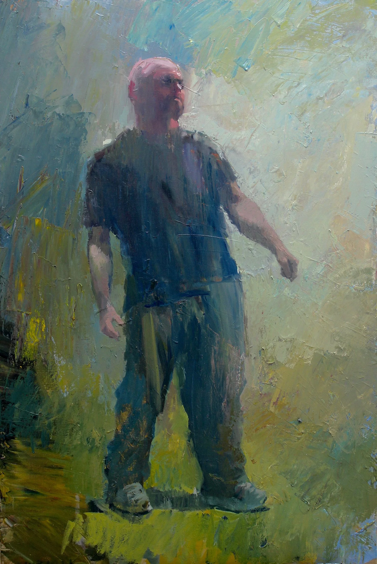 An impressionistic painting of a man with glasses standing outdoors in a green and blue landscape.
