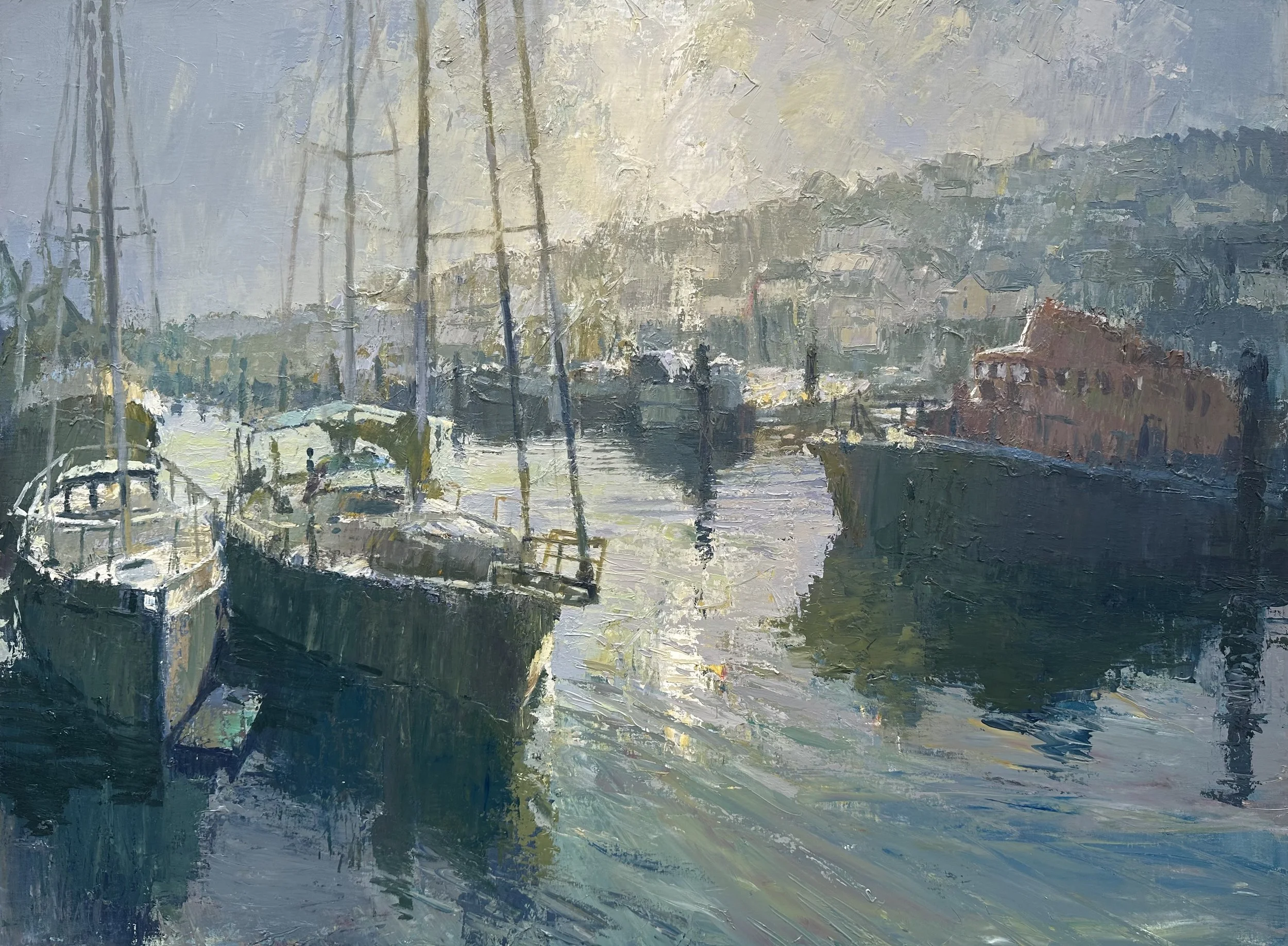 A painting of a harbor scene with boats docked along the waterfront, buildings in the background, and trees with sunlight filtering through.