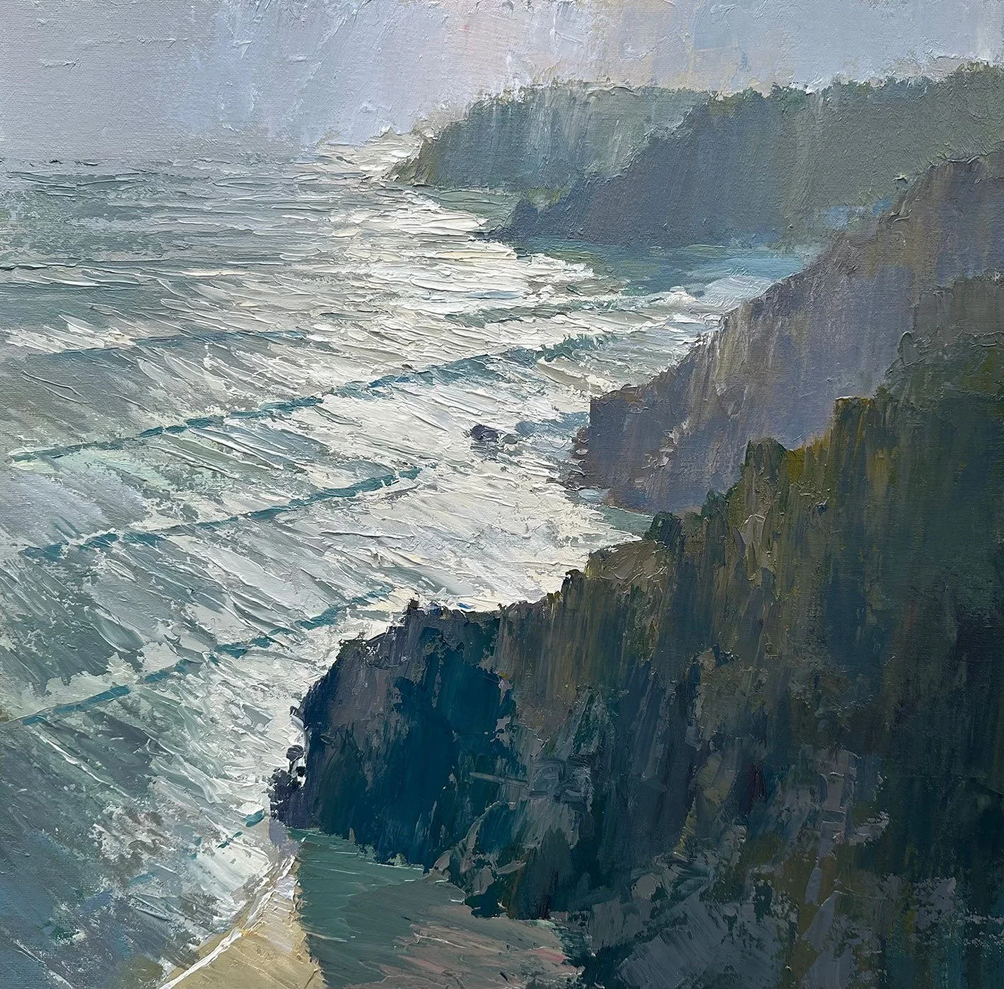 Oil painting of a rugged coastal landscape with cliffs and the ocean, waves crashing against the rocks under an overcast sky.