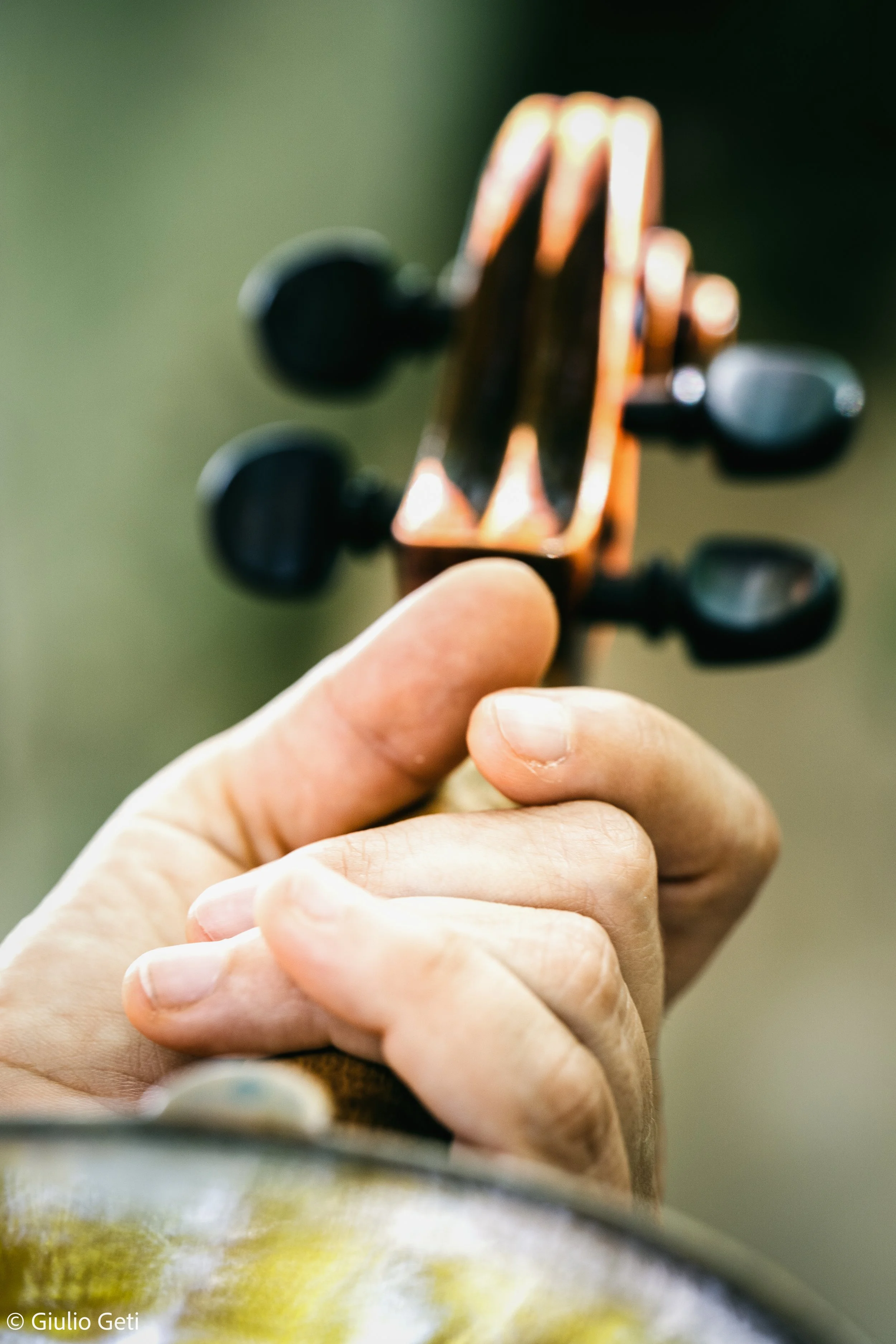 Close-up of a human hand holding a violin