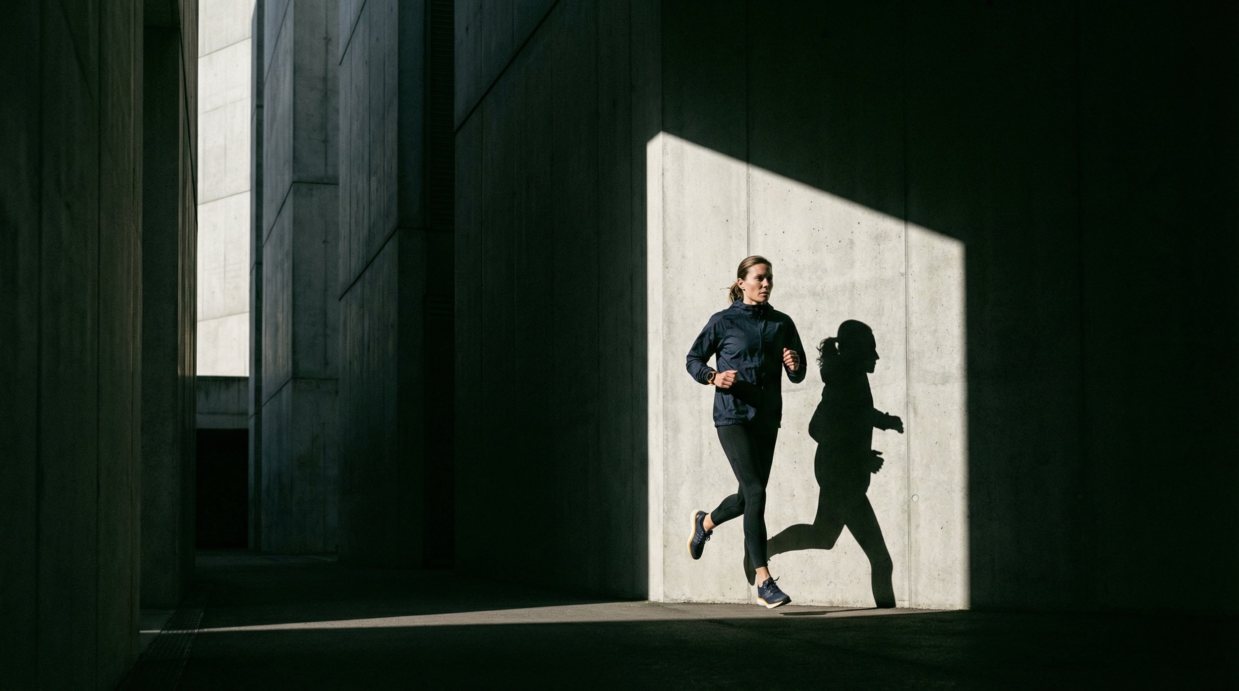 A female runner wearing a black tracksuit, running through an architectural urban environment with a tall, narrow window off to the left which is casting light to frame the runner. 