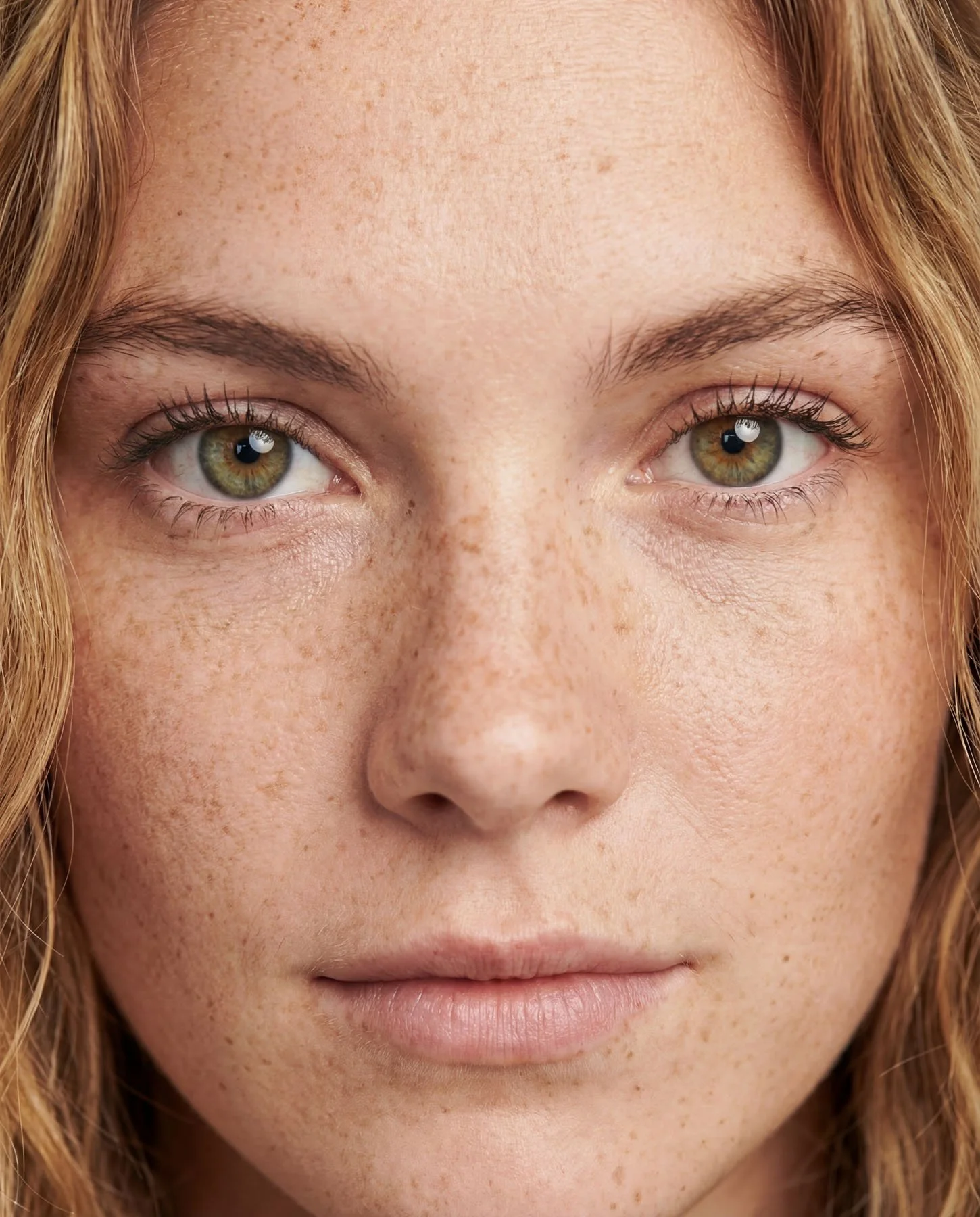 Close up shot of a realistic-looking female Ai model's face. She has hazel eyes and freckles, blemishes and realistic skin textures.