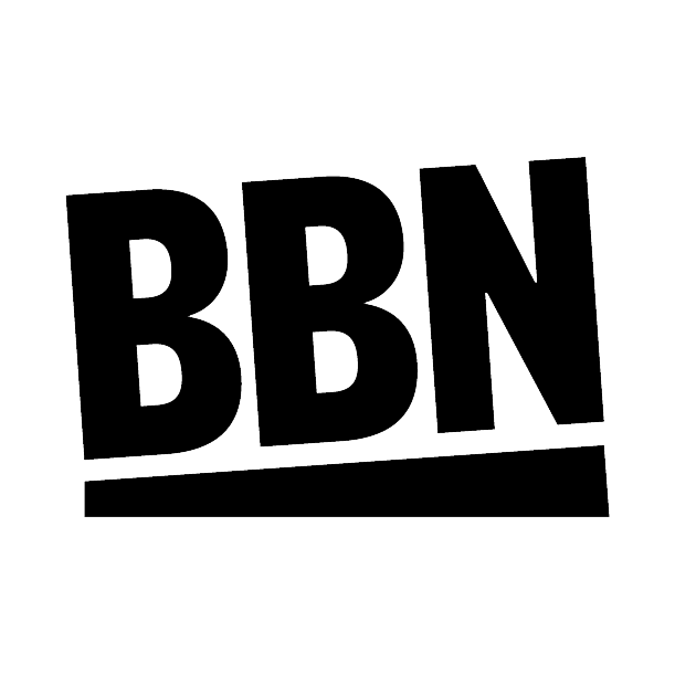 Bold black and white logo with the letters 'BBN' in large block font outlined with dashed lines and a small dot above the letter 'N'.