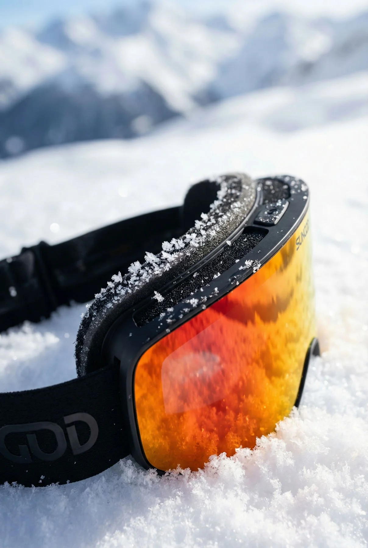 Realistic, product-faithful image of Sungod goggles in snow with realistic reflection in the lens and accurate snowflake texture