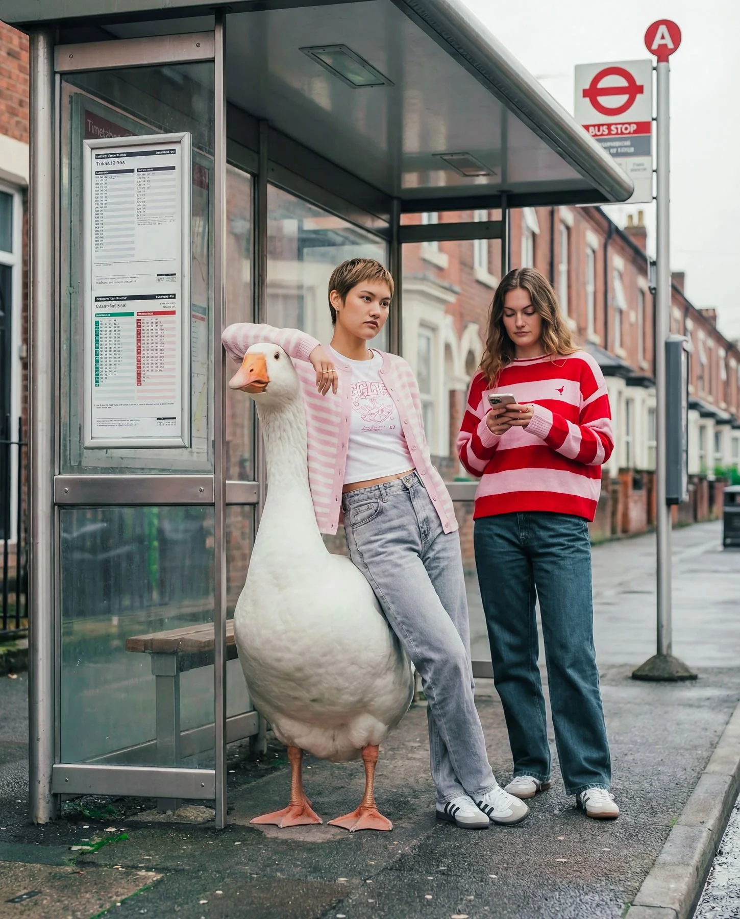 Two young women standing at bus stop with a person in a duck costume. One woman is leaning on the duck with her arm around it, and the other is looking at her phone. There is a bus schedule on the bus stop.