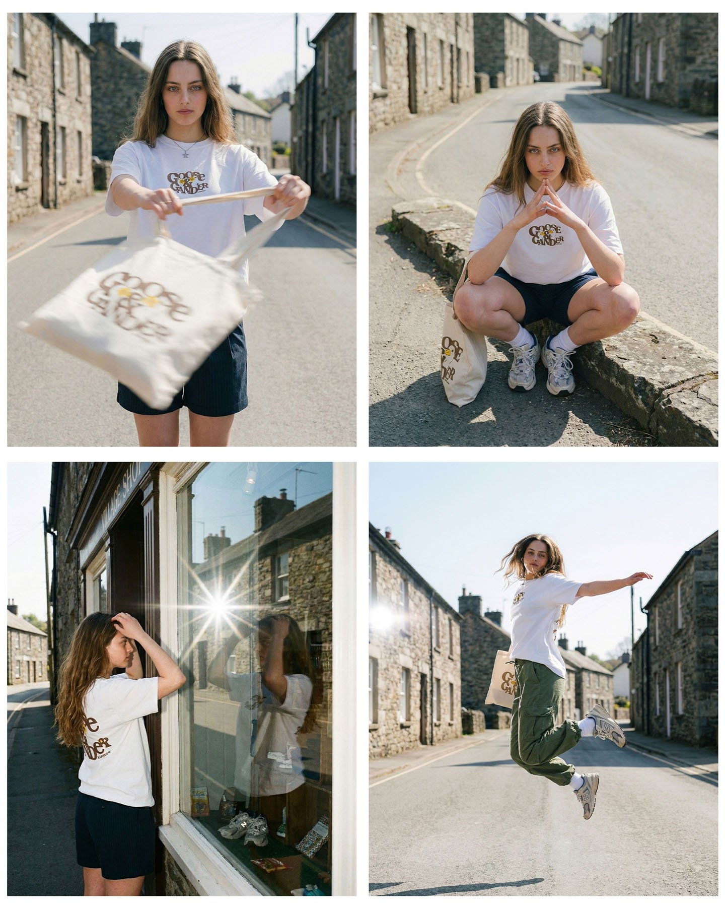 A young woman in a white t-shirt with 'Goose & Gander' logo, black shorts, and sneakers is seen in four images: holding a tote bag in the street, squatting on the sidewalk with her hands in a prayer pose, looking into a storefront window, and jumping in the street.