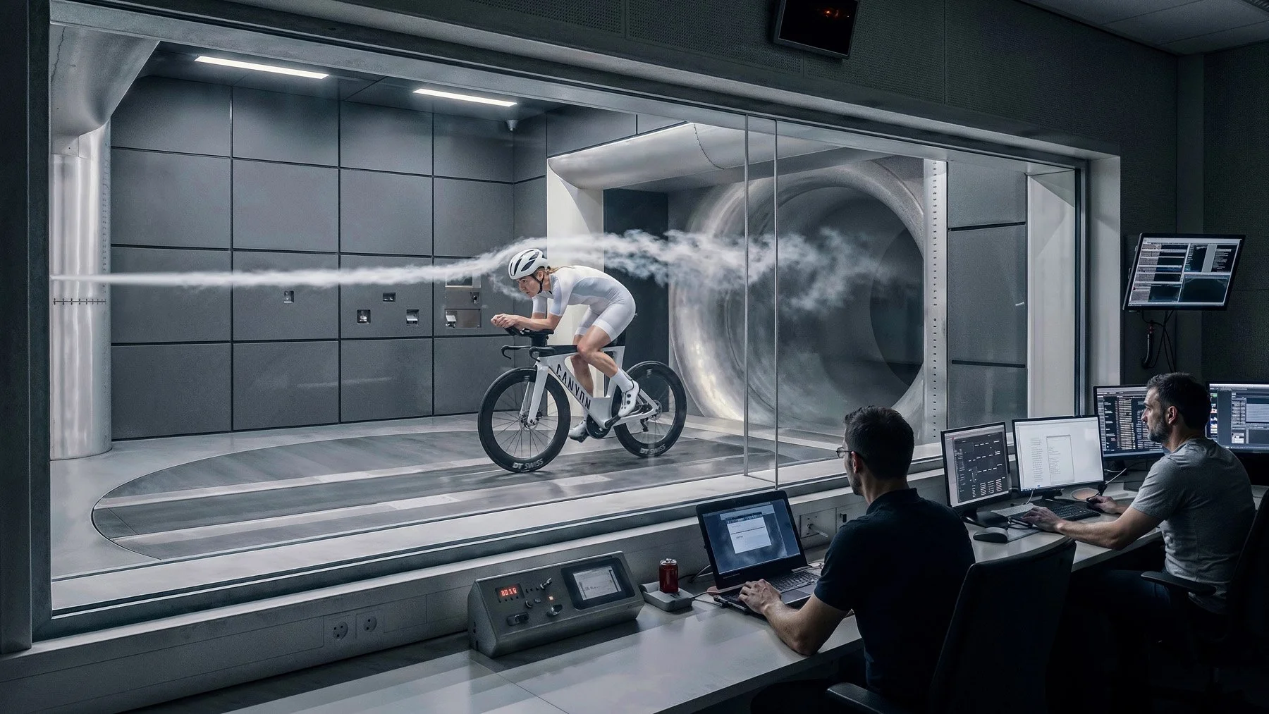 Hero shot: Canyon CFR 1by AXS in Aero-tunnel / wind tunnel, zoomed out to show aero tunnel operating staff and technical set-up