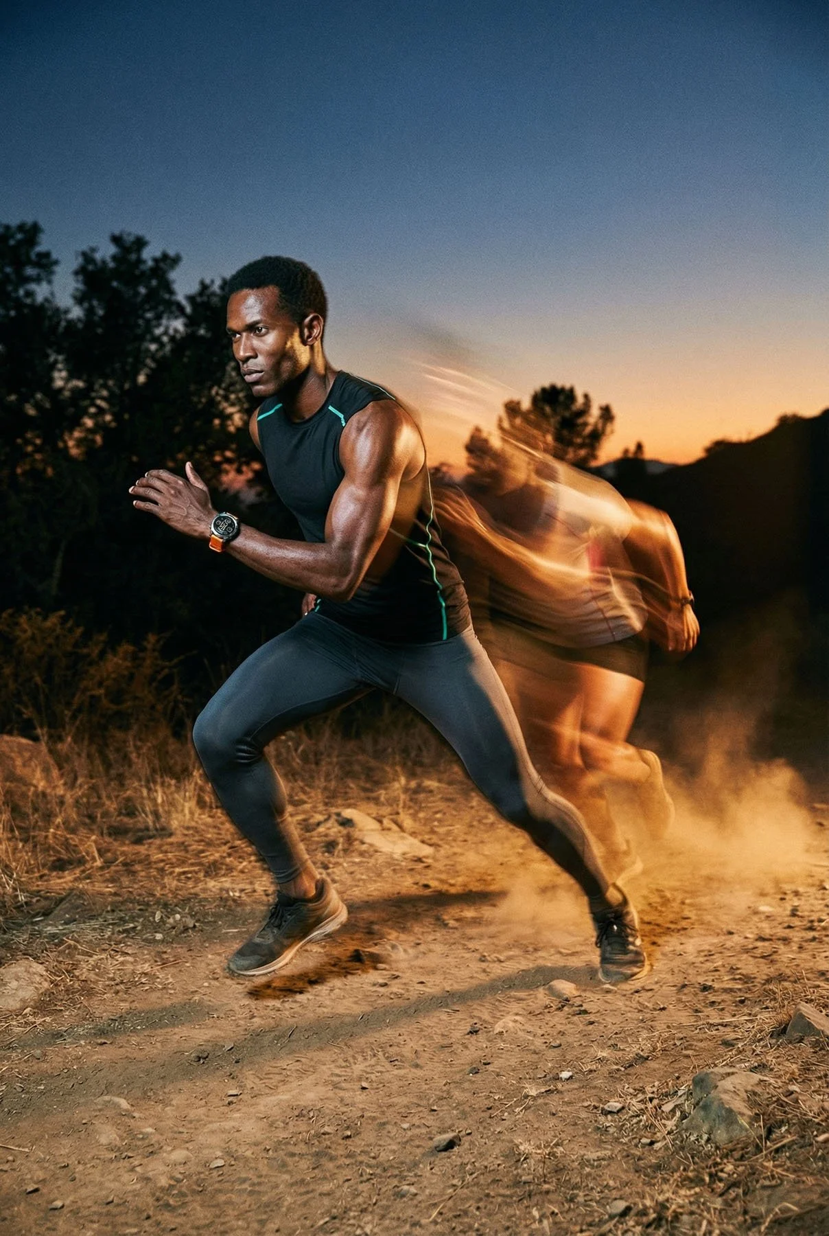 A man running outdoors on a dirt trail during sunset, wearing athletic clothes and a watch.