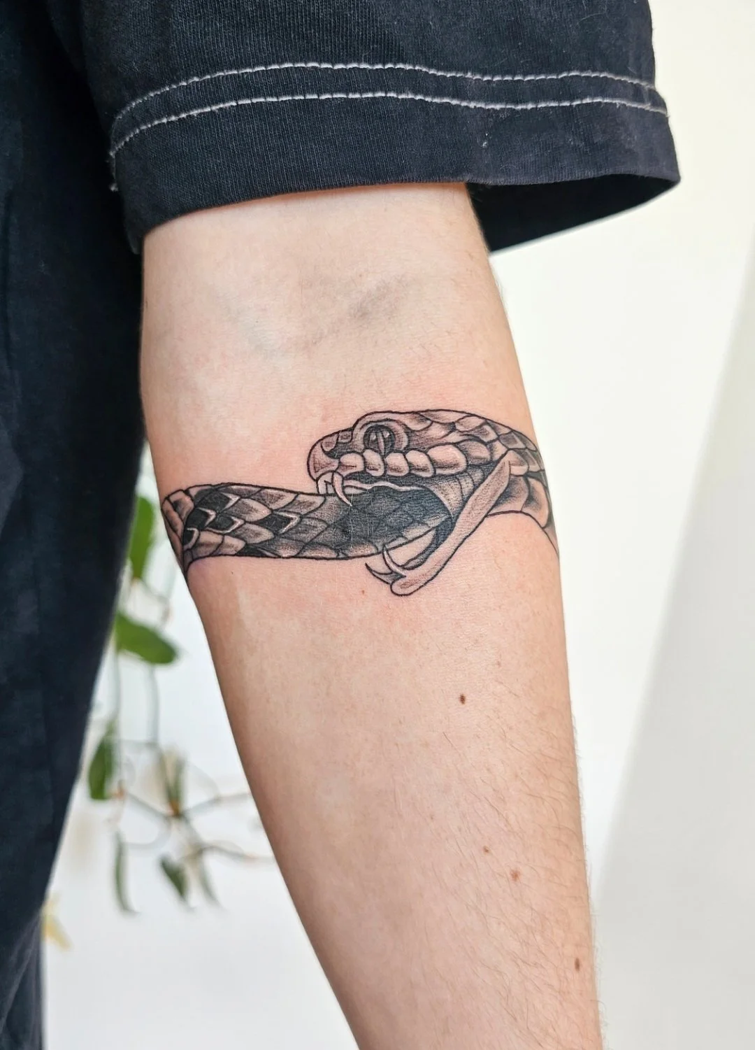 Snake forearm tattoo, oroborous. 