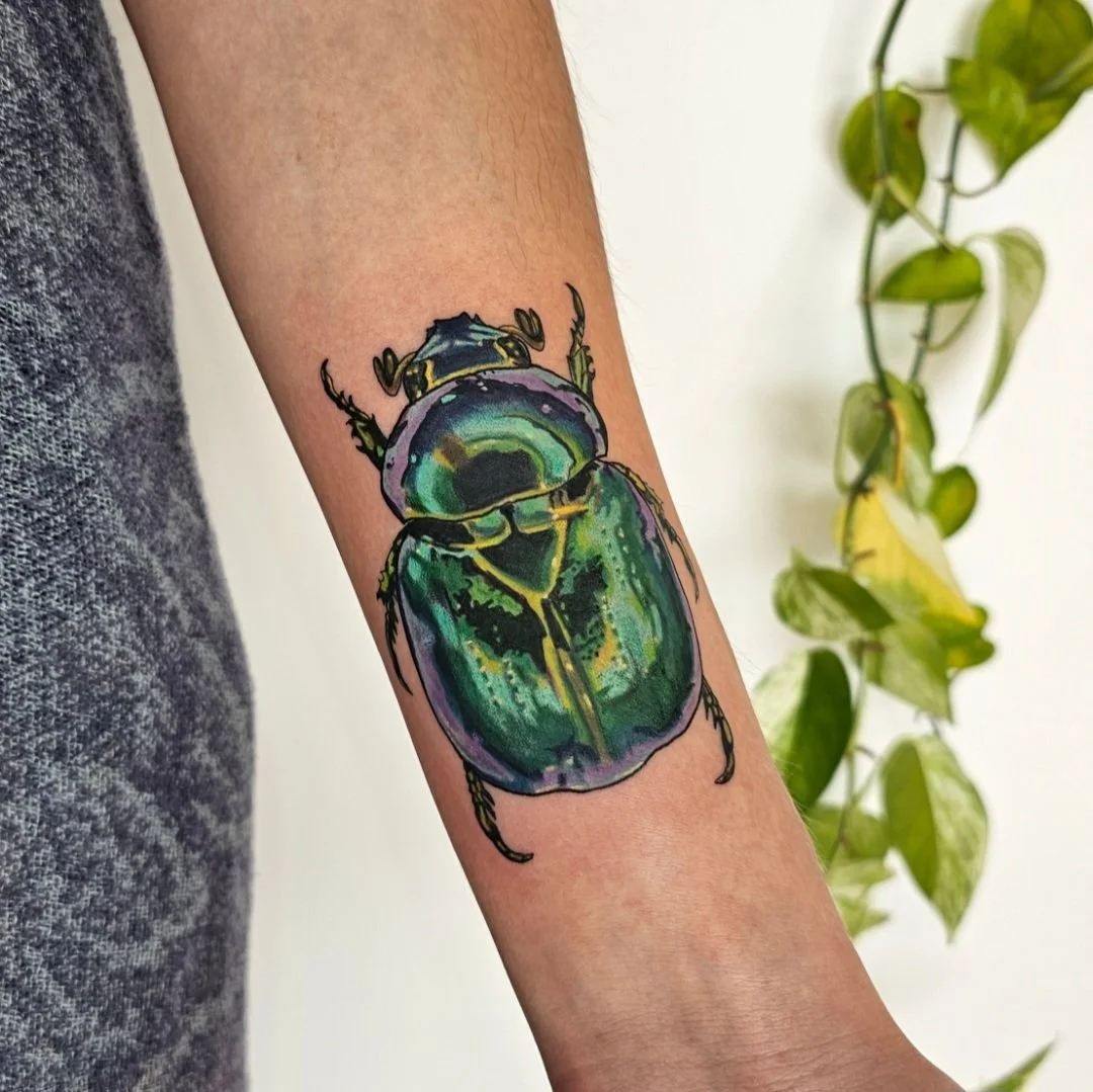 Colour realistic beetle tattoo 
