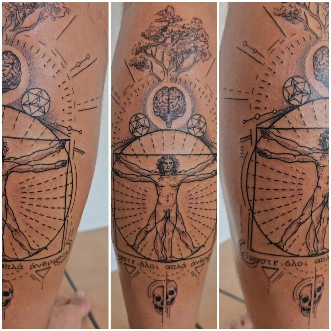 Calf tattoo, fineline geometric davinci man design. 