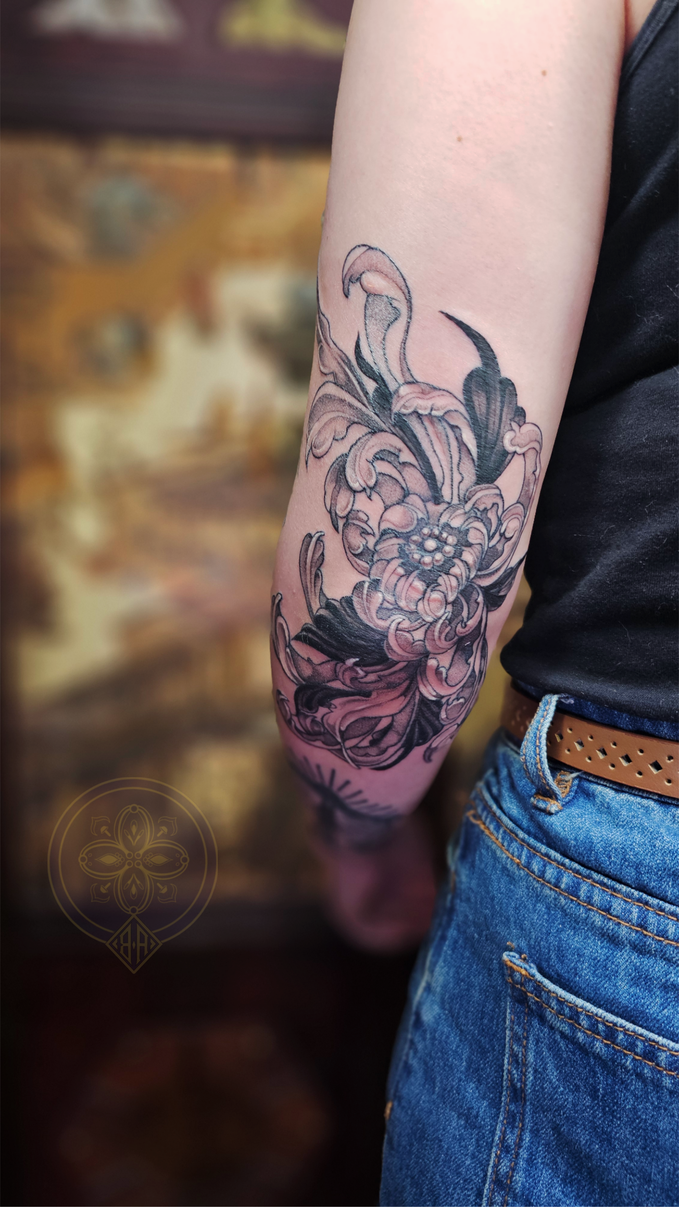 Elbow Tattoo. Chrysanthemum Tattoo