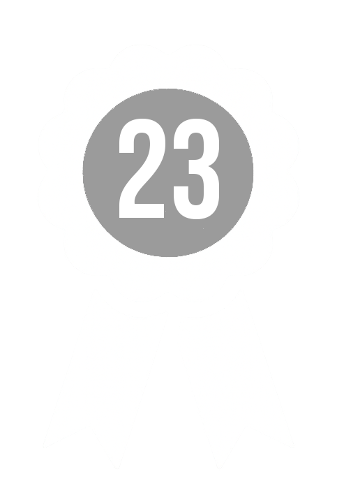 A black and white award ribbon with the number 23 displayed in the center.