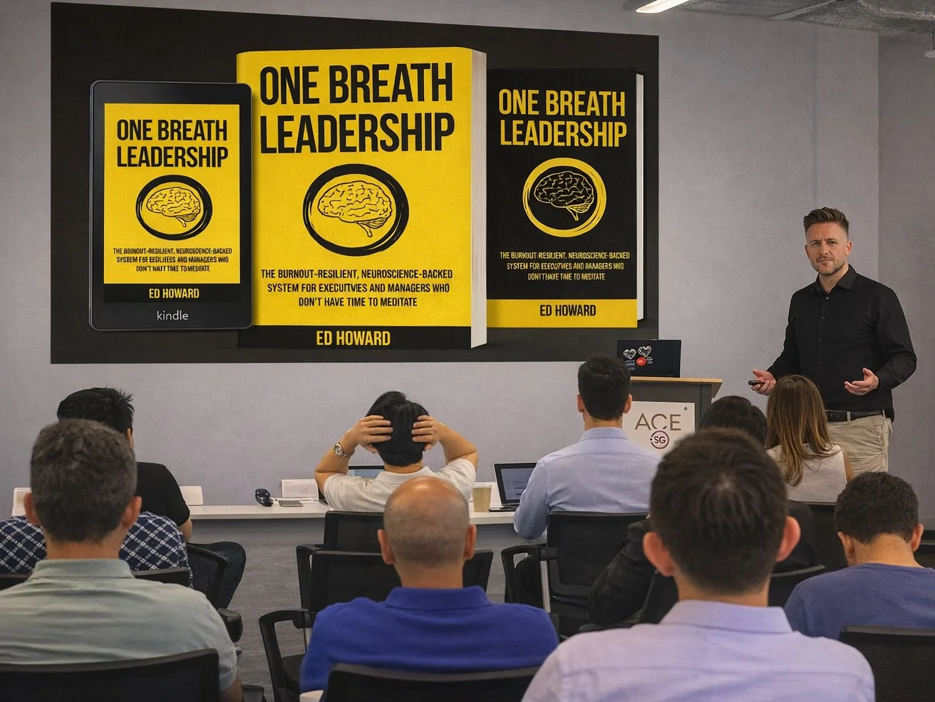 A man giving a presentation on a stage in front of a slide that shows three copies of a book titled 'One Breath Leadership' by Ed Howard. The slide has a large yellow cover, a smaller yellow version, and a black cover with similar design. The audience is seated and listening, with some taking notes or looking at their laptops.