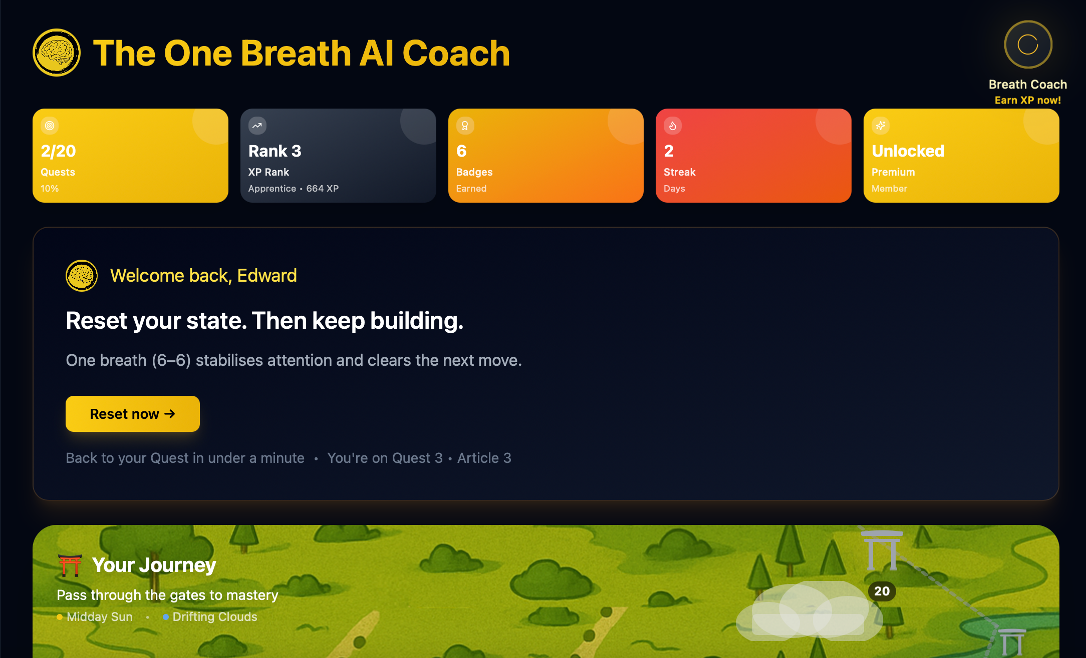 Screenshot of The One Breath AI Coach dashboard with user stats, rank, badges, streak, and quest information. Welcome message and start button for breathing exercise.