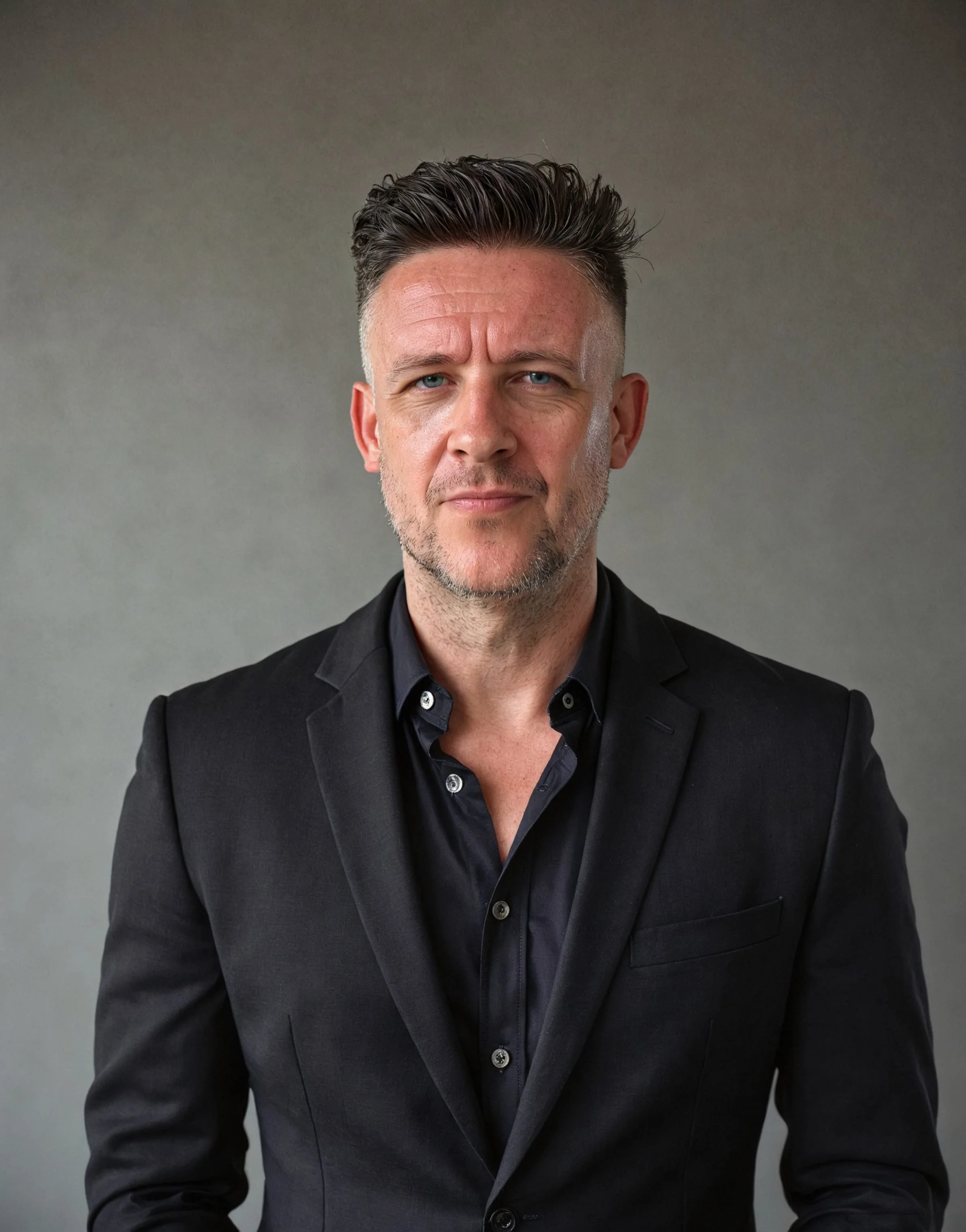 Photo of Ed Howard, author of One Breath Leadership. He has dark hair and blue eyes wearing a black blazer and a dark button-up shirt, standing against a plain background.