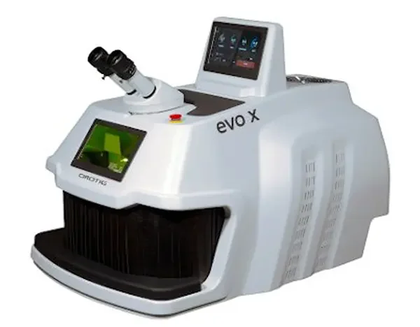 Laboratory device with eyepiece, digital screen, and controls, labeled 'evo x' and 'CYTOFLEX'