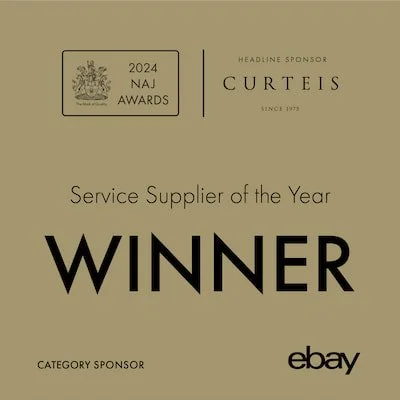 Award certificate for Service Supplier of the Year, 2024 NAJ Awards, sponsored by Curteis, eBay category sponsor, with the word "WINNER" prominently displayed in large letters.