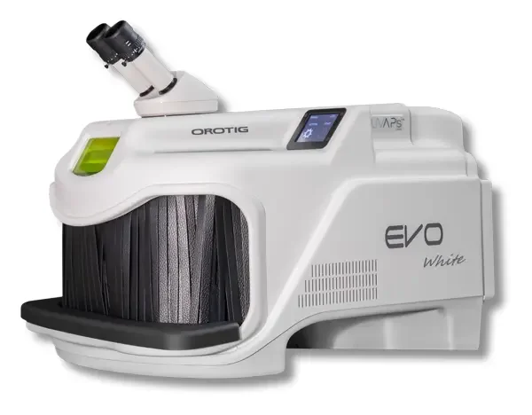 Laboratory instrument with a microscope attached, labeled 'OroTIG' and 'EVO White'.