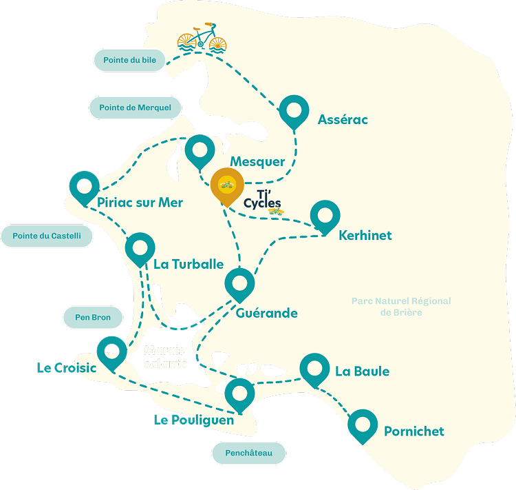 Carte touristique avec plusieurs points de repère autour du Parc Naturel Régional de Brière, indiquant des lieux tels que Assérac, Mesquer, Piriac sur Mer, La Turballe, Guérande, le Croisic, le Pouliguen, La Baule, Pornichet, et d'autres, avec un itinéraire de vélo.