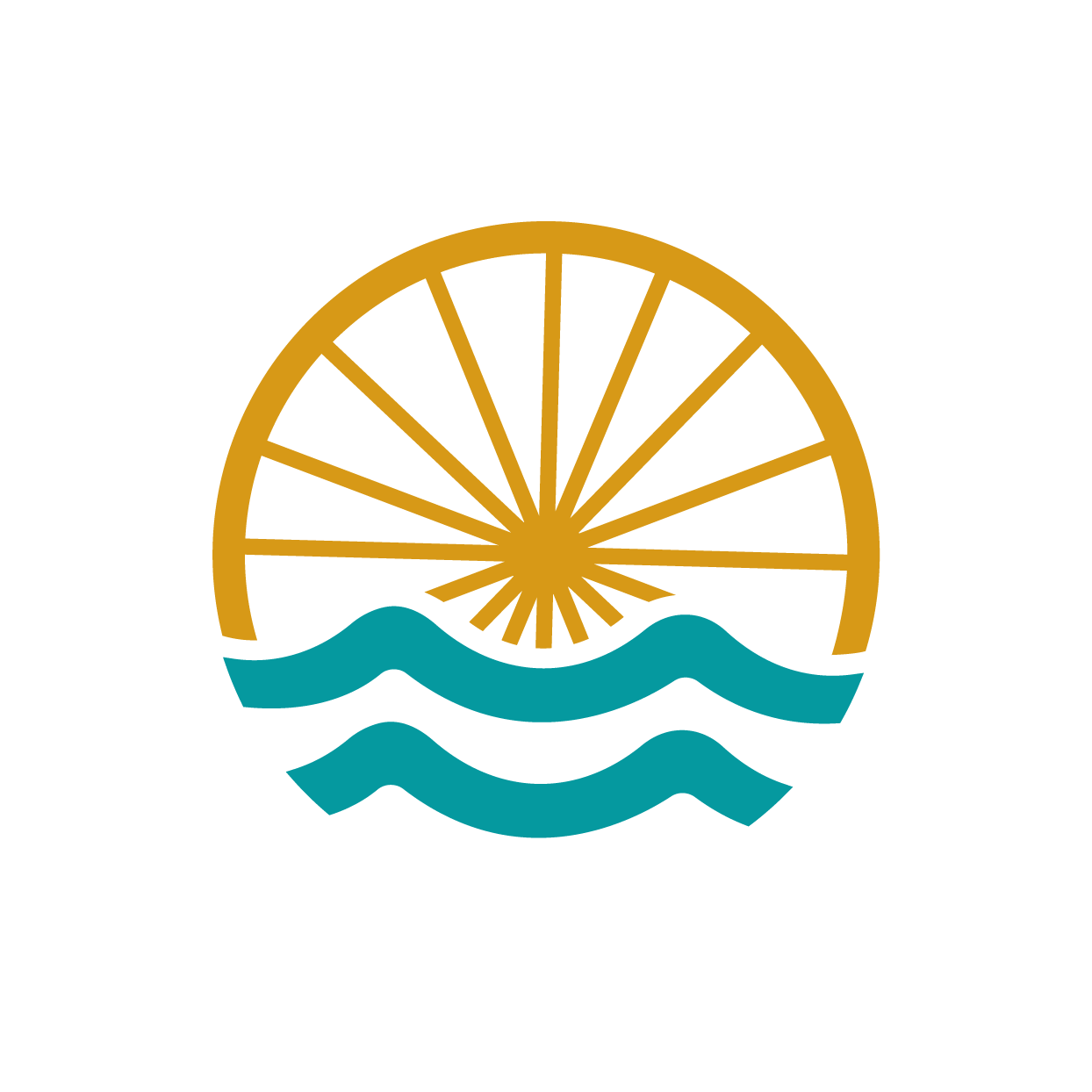 Logo d'une roue de vélo sur fond blanc, avec des vagues bleues en bas, déclinaison du logo de Ti'Cycles.