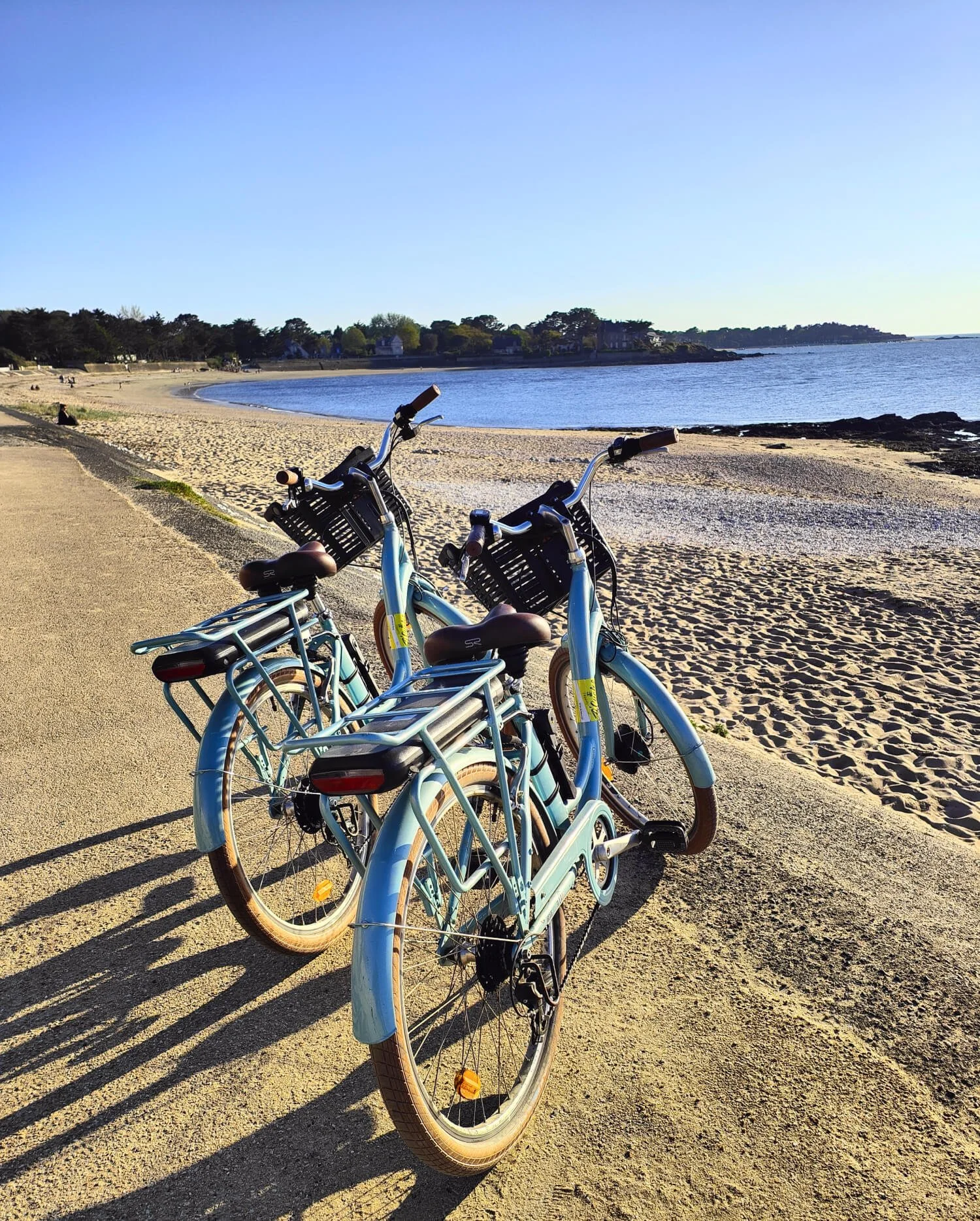Deux vélos bleus garés sur un trottoir en bord de plage, avec sable, eau et paysage lointain en arrière-plan.