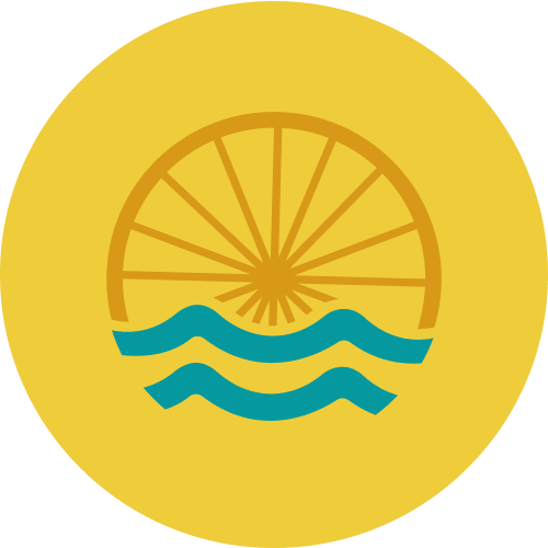 Icône représentant un soleil au-dessus de vagues bleues, sur fond jaune, représentant une déclinaison du logo de Ti'Cycles.
