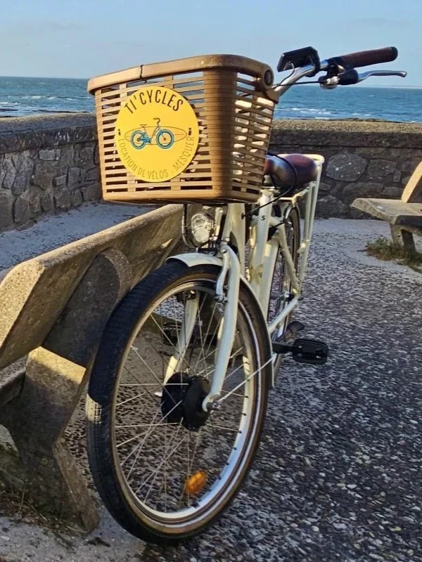 Vélo avec panier en osier fixé à l'avant, stationné près d'une promenade avec vue sur la mer. Le panier a un logo jaune avec un vélo et l'inscription 'TI Cycles' et 'Lotation de Vélos, Mesquer'.