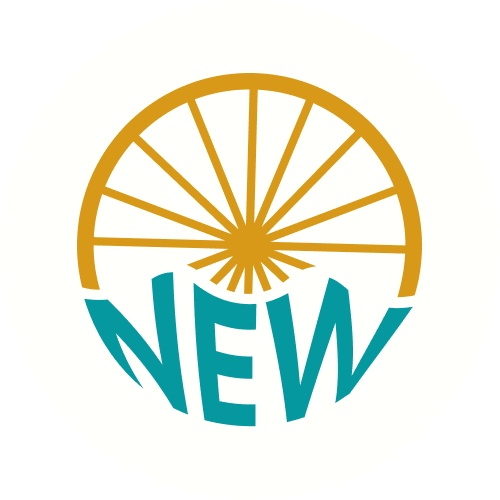 Logo circulaire avec un symbole de roue de vélo et le mot "NEW" en turquoise en bas.