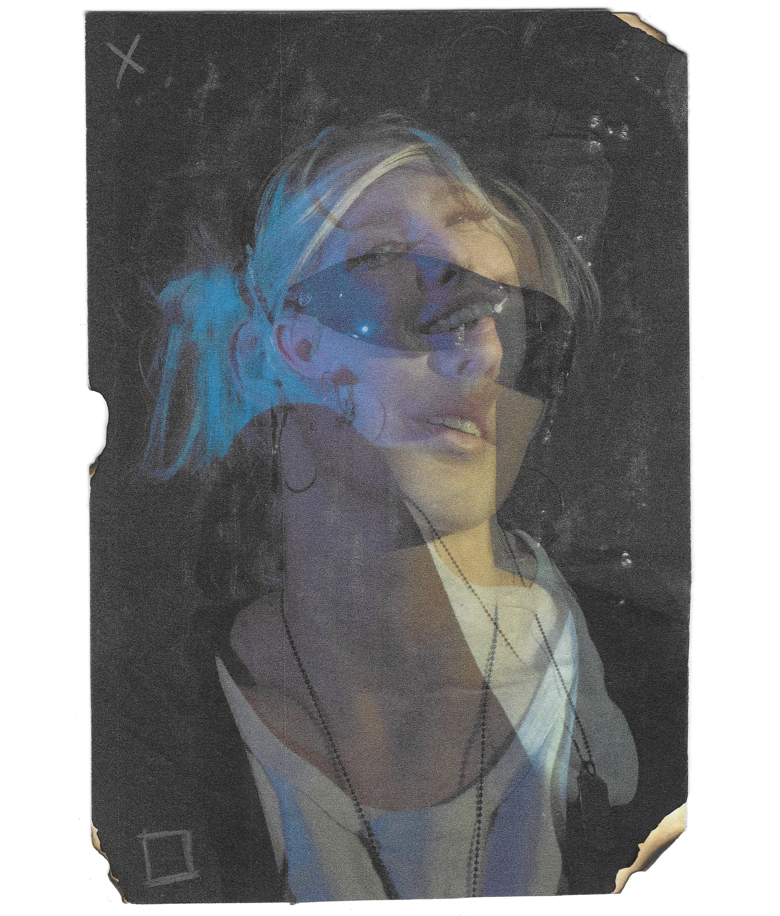 A person with blonde hair wearing sunglasses, smiling, in a dark environment with colorful lighting, possibly at a concert or event.