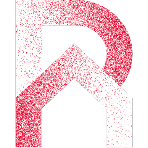 Logo graphique avec une grande lettre D stylisée en rouge dégradé sur fond noir.