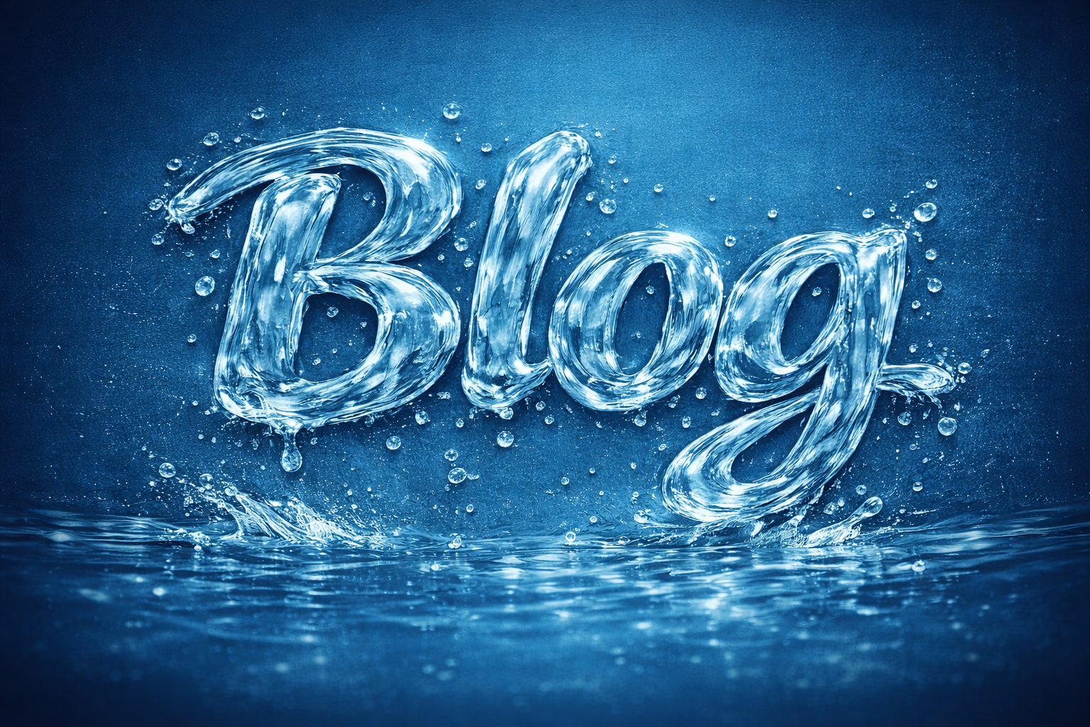 The word "Blog" written in water with splashes and droplets, against a blue background.