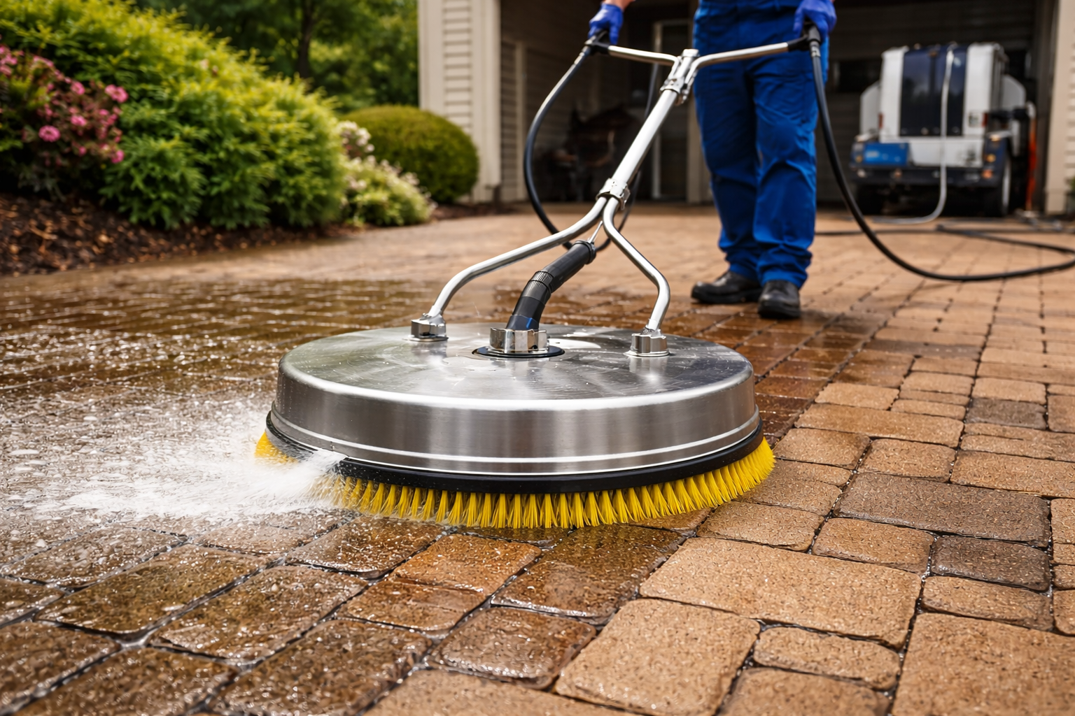 Worker pressure washing a brick driveway with a rotating brush attachment connected to a hose.