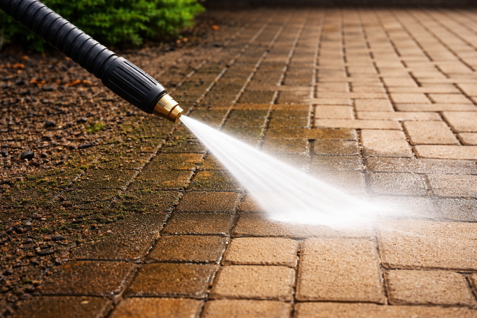 A pressure washer nozzle cleaning a brick sidewalk with water spray.