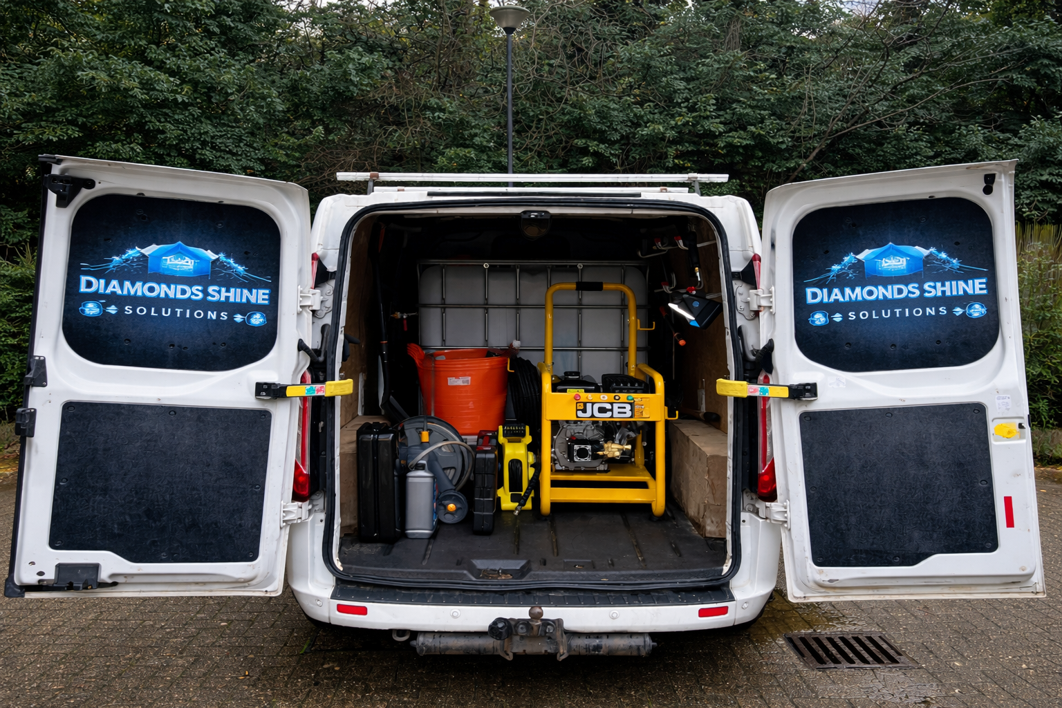 The open back of a white service van revealing various equipment and tools inside, including a yellow JCB machine, an orange bucket, and other maintenance supplies, with logo stickers on the inside of the van doors.