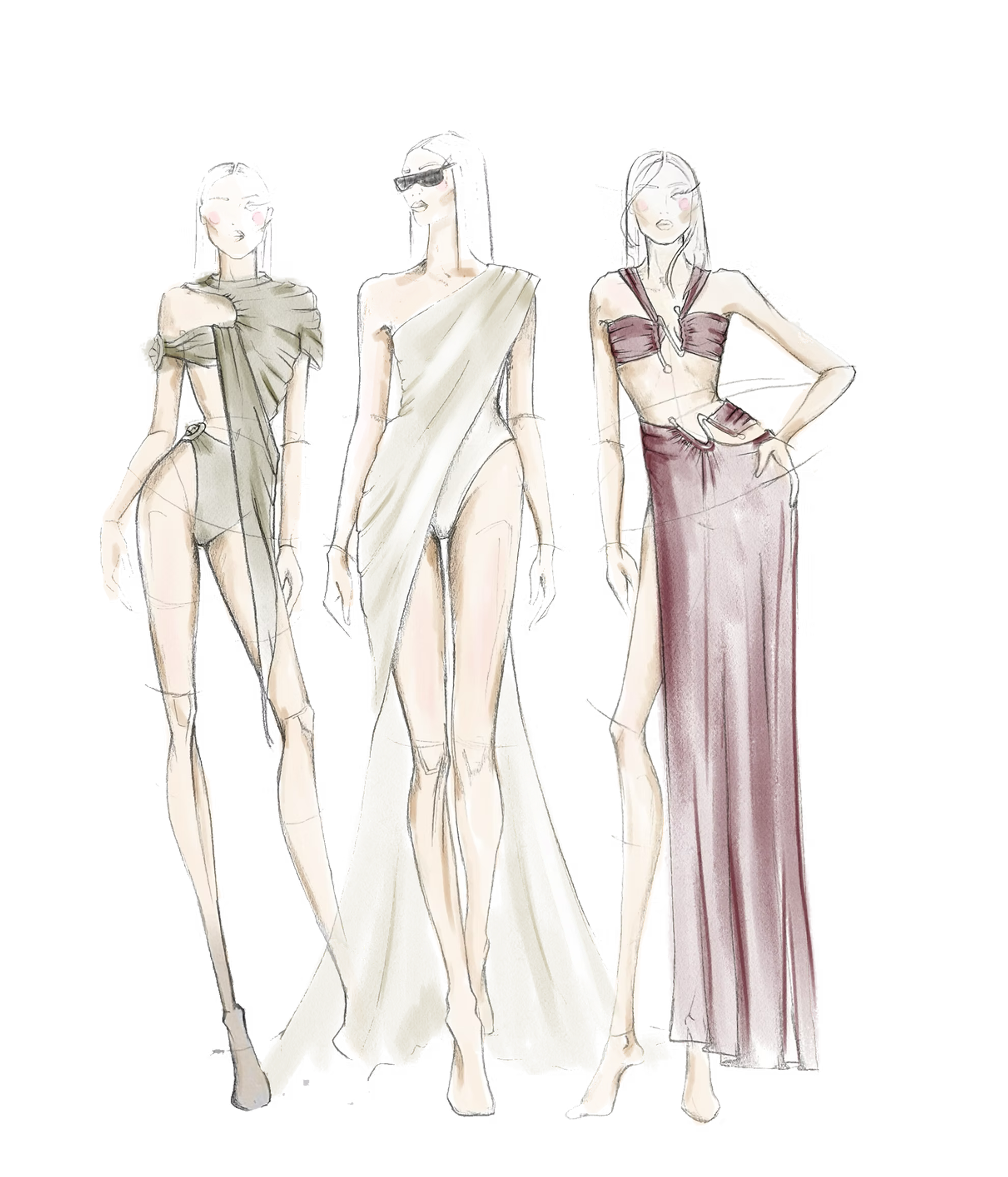 Four fashion models in stylish outfits posing together, wearing clothing in neutral tones with modern accessories.