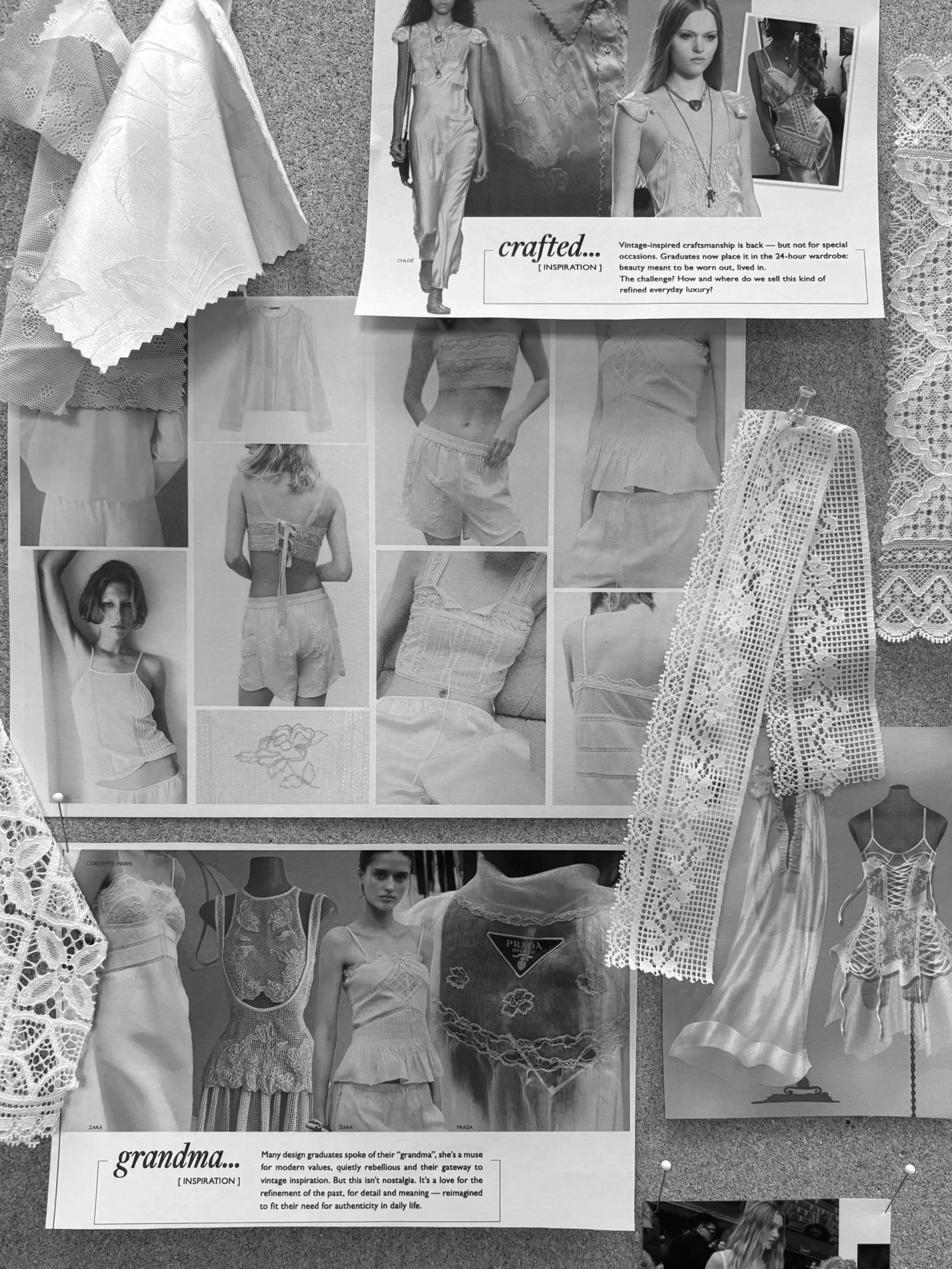 Collage of black and white photographs and magazine clippings showcasing vintage-inspired fashion designs and models wearing lace and sheer clothing, along with handwritten notes and fabric swatches.