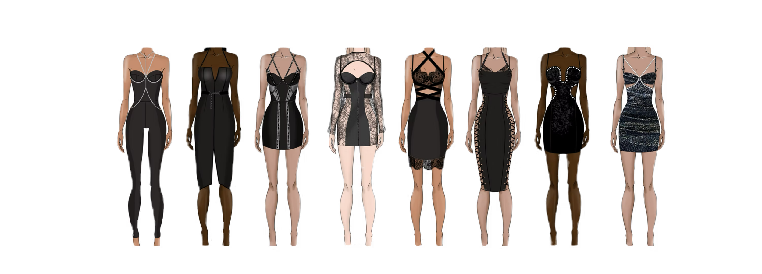 Eight digital mannequins dressed in black and metallic dresses showcasing various fashion styles.