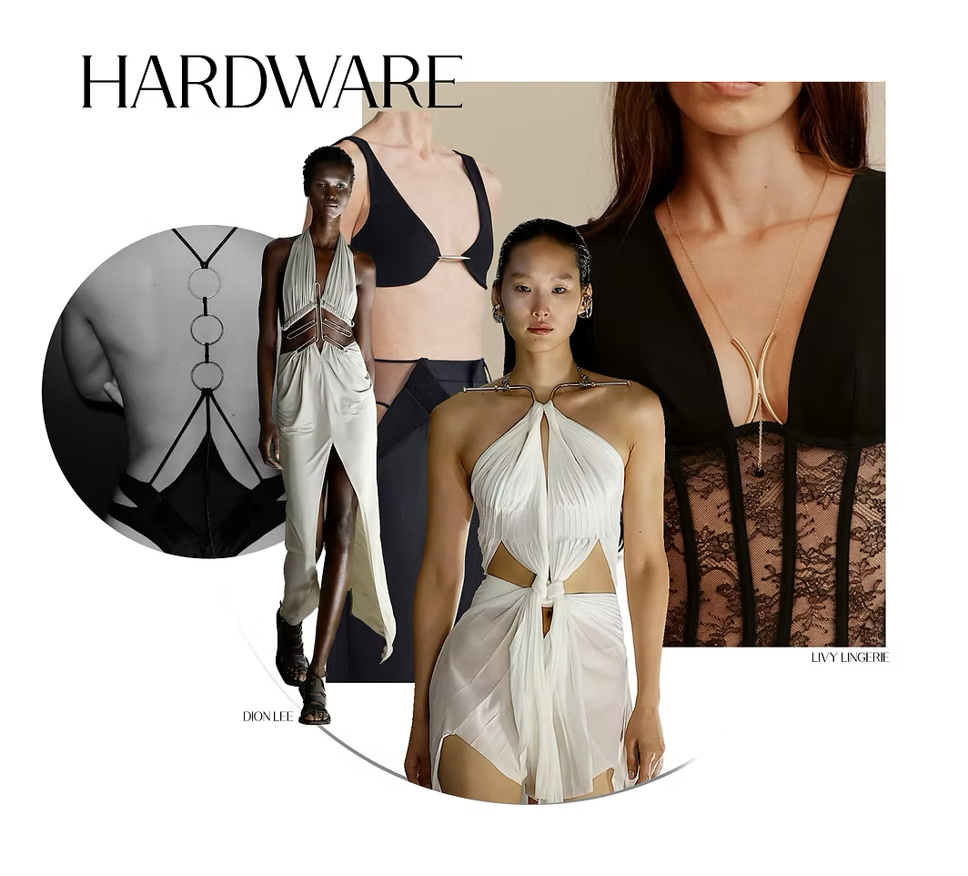 Collage of different women's lingerie and fashion designs, including a black and beige bra, a black lace bodysuit, and cream-colored garments, with a focus on exotic and elegant styles. The text 'HARDWARE' is displayed at the top.