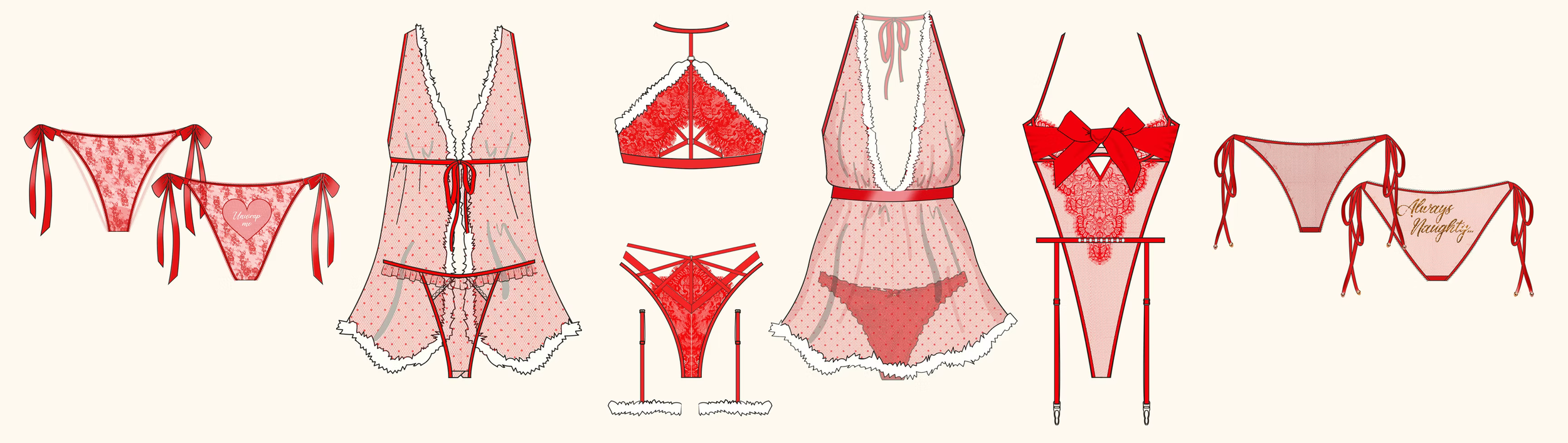 Collection of red and pink lingerie and sleepwear including bras, panties, nightgowns, and a robe, with some featuring lace, bows, and heart patterns.