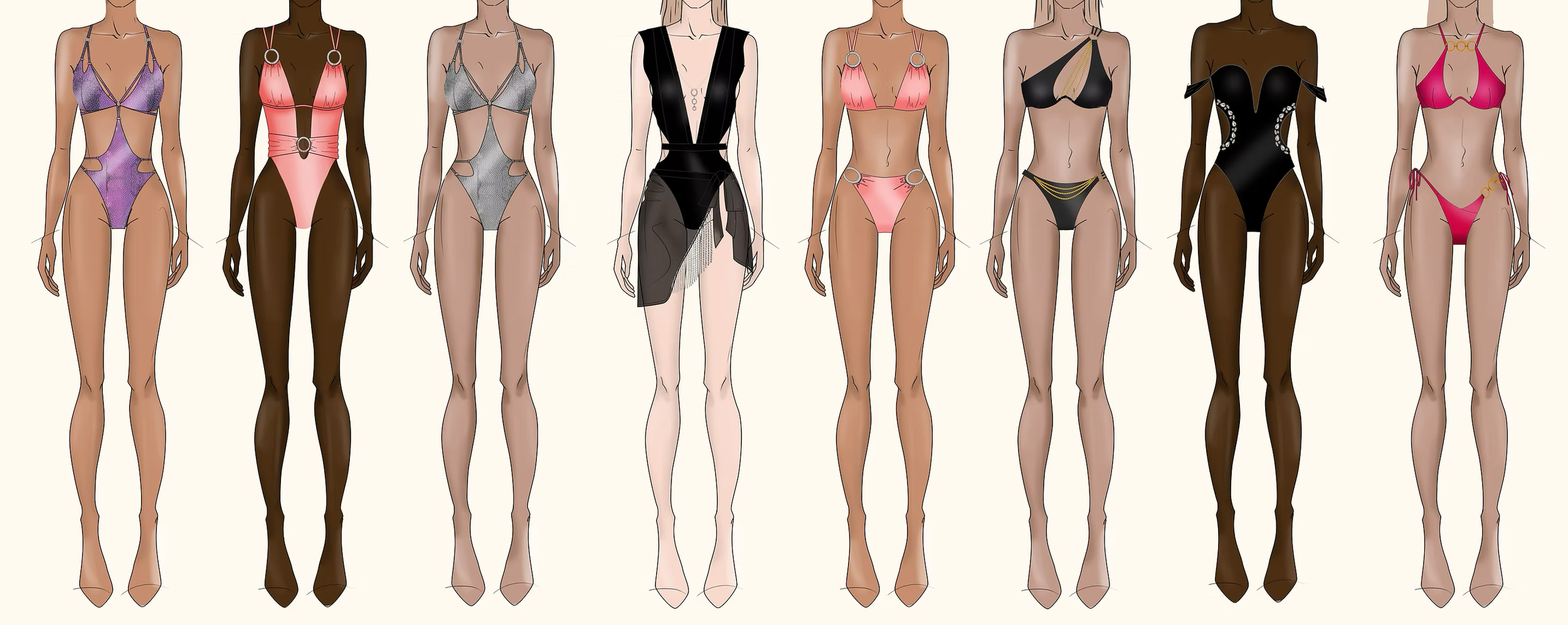 A lineup of ten women modeling various swimsuits and beachwear in different styles and colors.