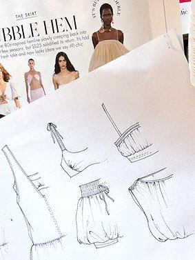Sketches of various clothing items, including a tank top, a dress, and shorts, alongside partial magazine pages featuring fashion models.