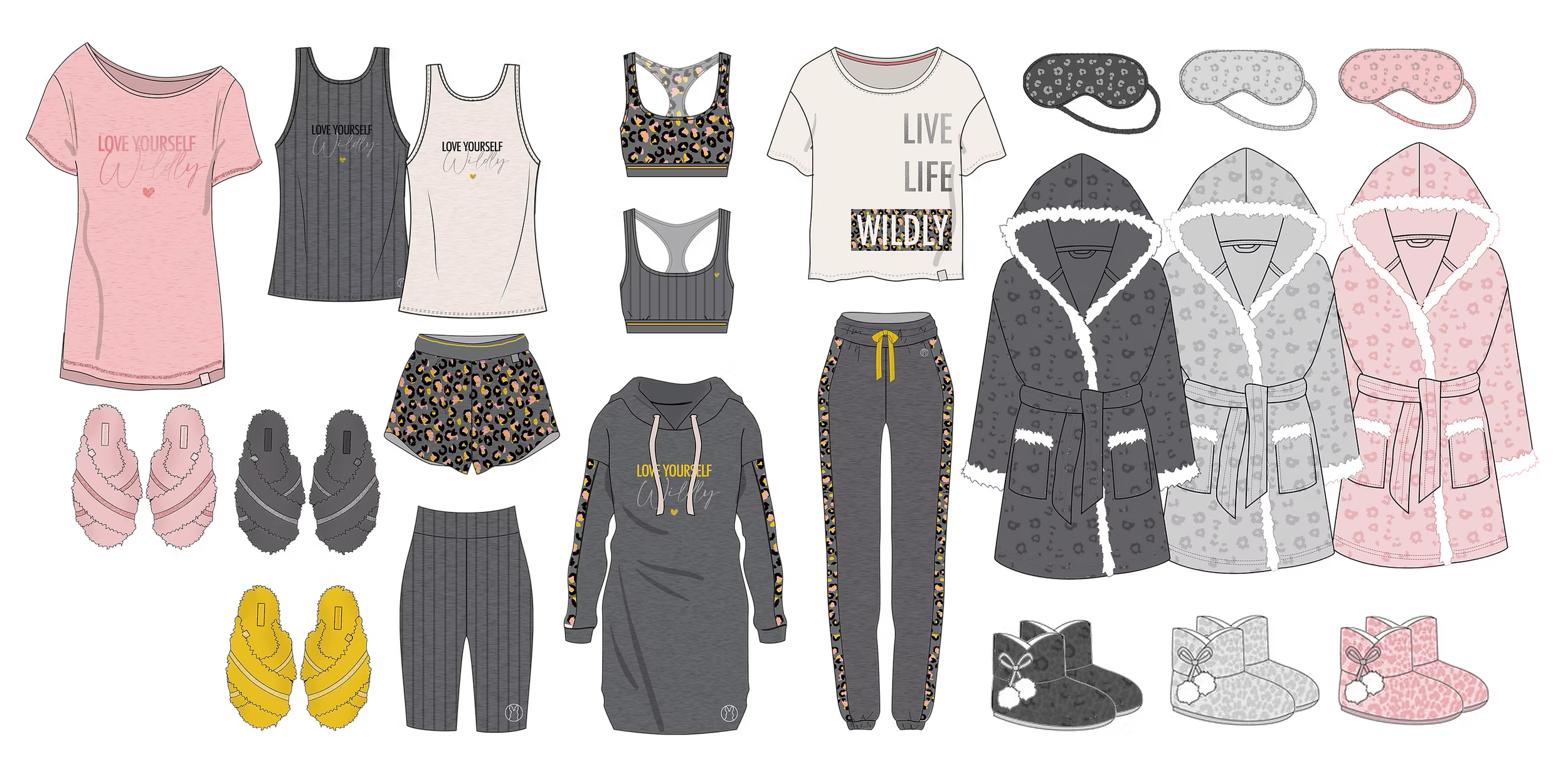 Clothing display featuring various casual and sleepwear items, including pink, black, and gray pajamas, tank tops, shorts, hoodies, and slippers with leopard and animal print designs.