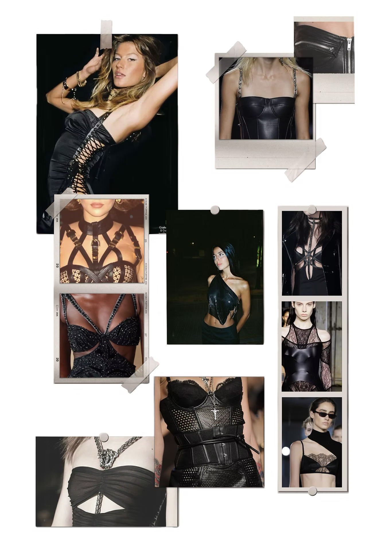 Collage of women modeling edgy black fashion, including leather tops, bodysuits, and accessories with chains, zippers, and lace details.