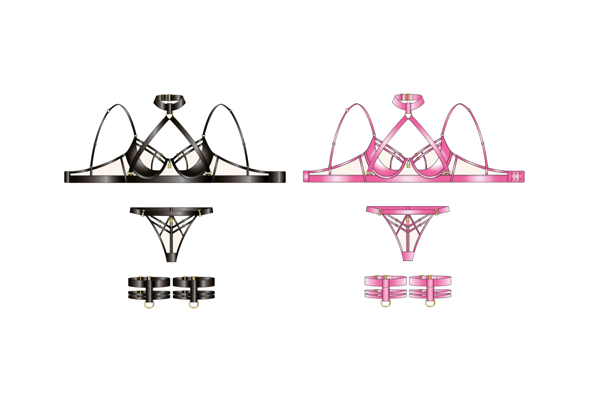 Front and back views of black and pink strappy lingerie sets with matching accessories.