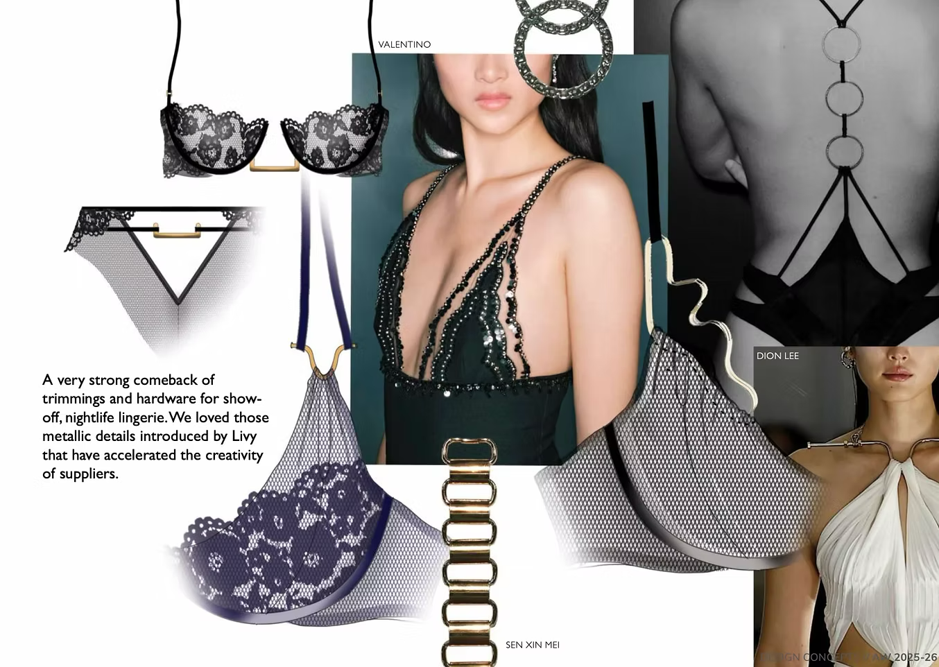 Collage of luxury lingerie designs featuring lace, mesh, and metallic details. Central image of a model wearing a black embellished dress with chain straps, surrounded by various lingerie pieces including lace bras, mesh panties, and jewelry accents. Text describes a comeback of show-off, nightlife lingerie with metallic details introduced by Livy.