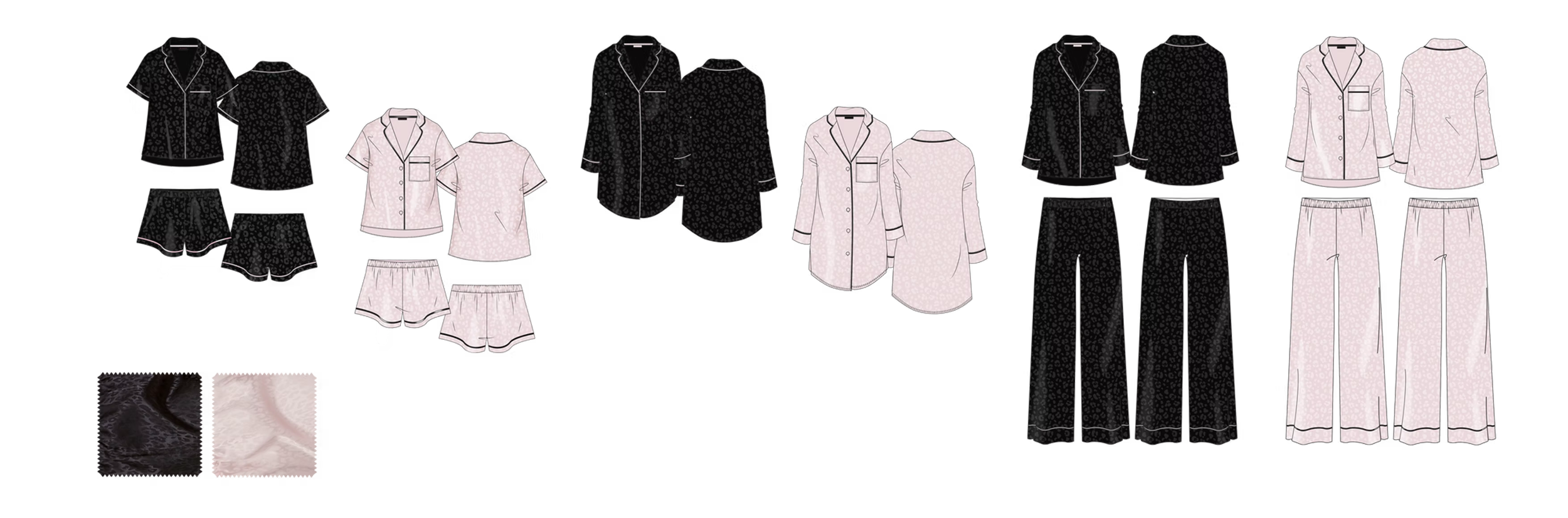 A collection of pajamas and loungewear, including short-sleeve button-down tops, shorts, long-sleeve tops, and pants, displayed on mannequins and laid flat. The pajamas feature black and white patterns and piping details.